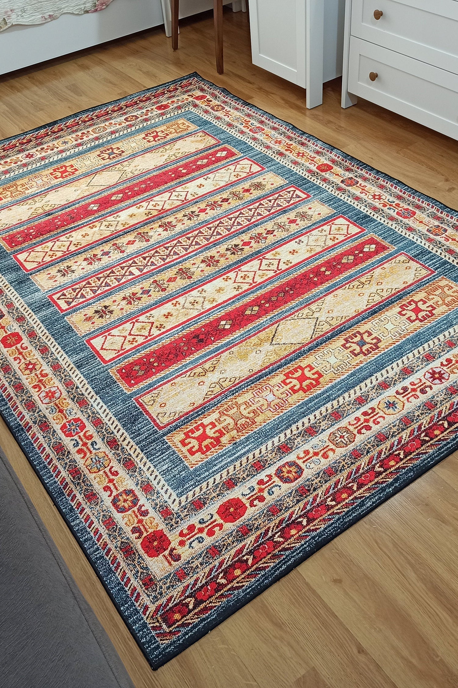 Tala Rug Beige Blue Coral Red Lined Rug