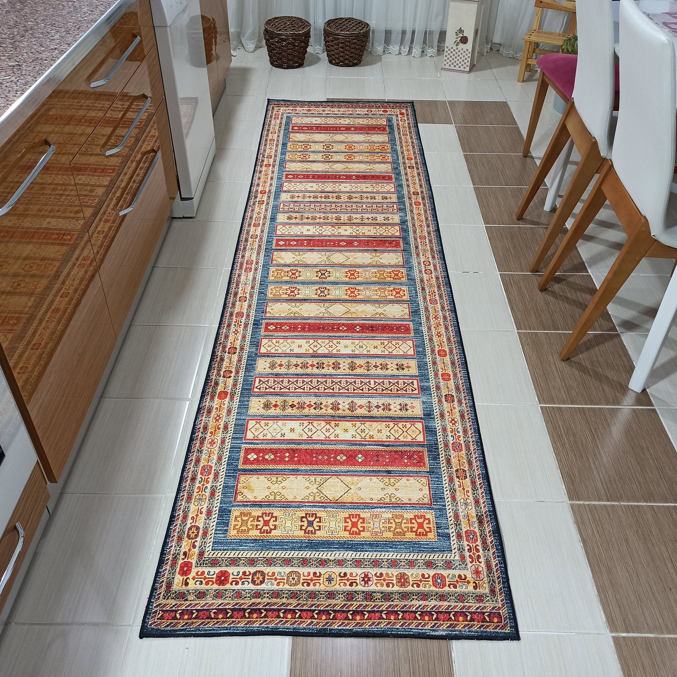 Tala Rug Beige Blue Coral Red Lined Rug