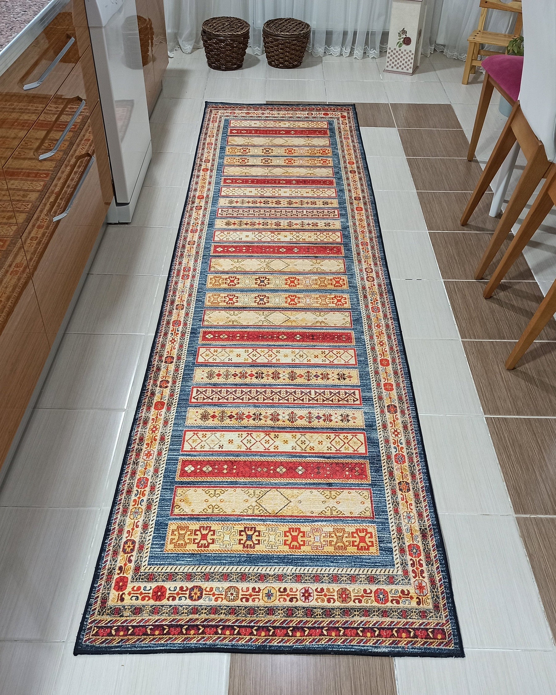 Tala Rug Beige Blue Coral Red Lined Rug