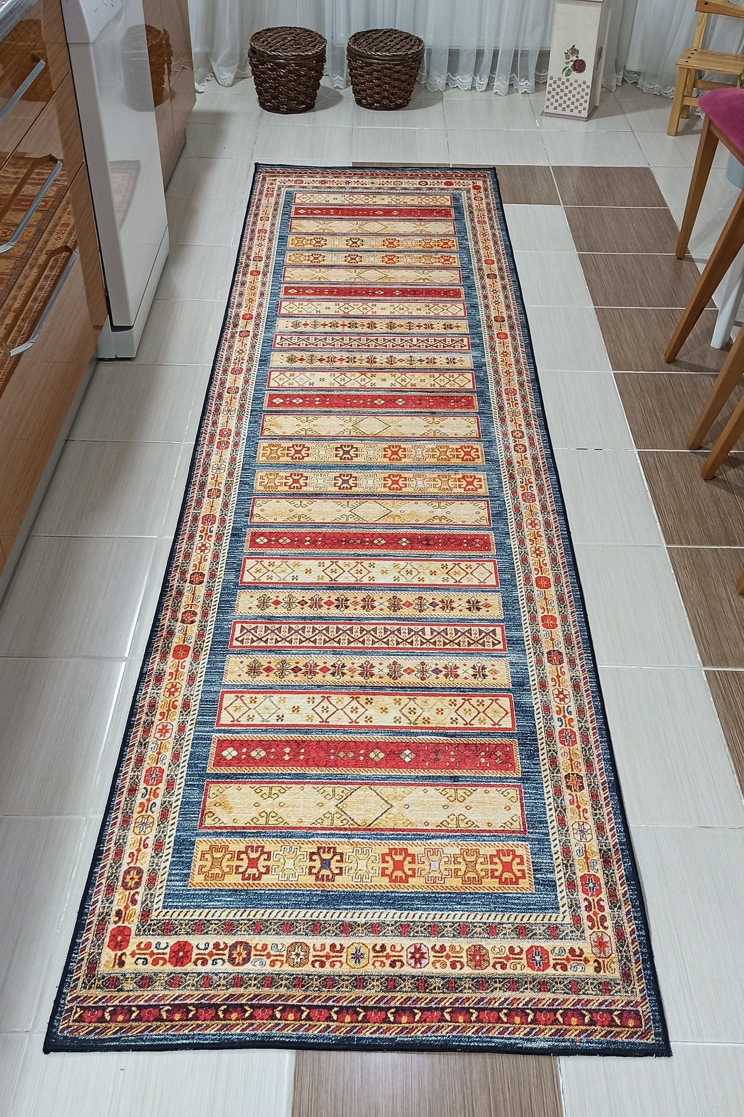 Tala Rug Beige Blue Coral Red Lined Rug
