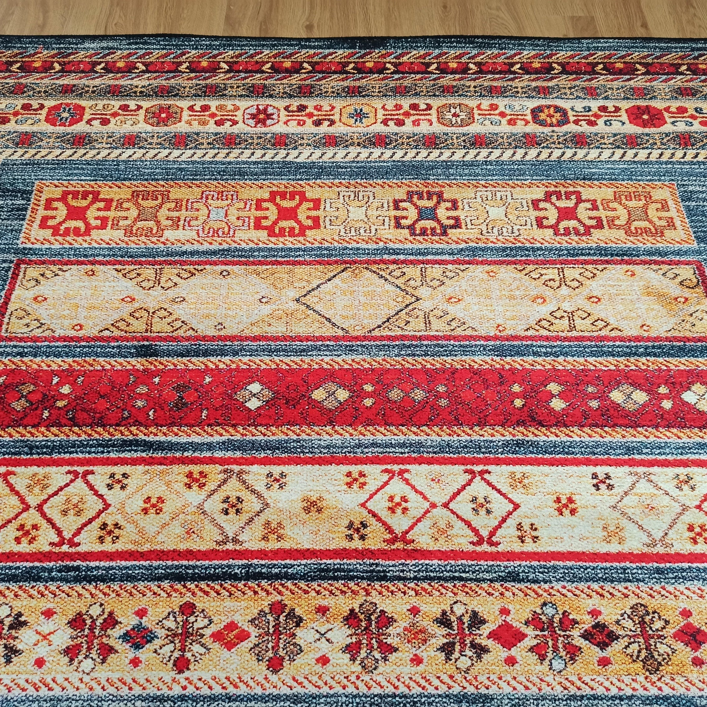 Tala Rug Beige Blue Coral Red Lined Rug