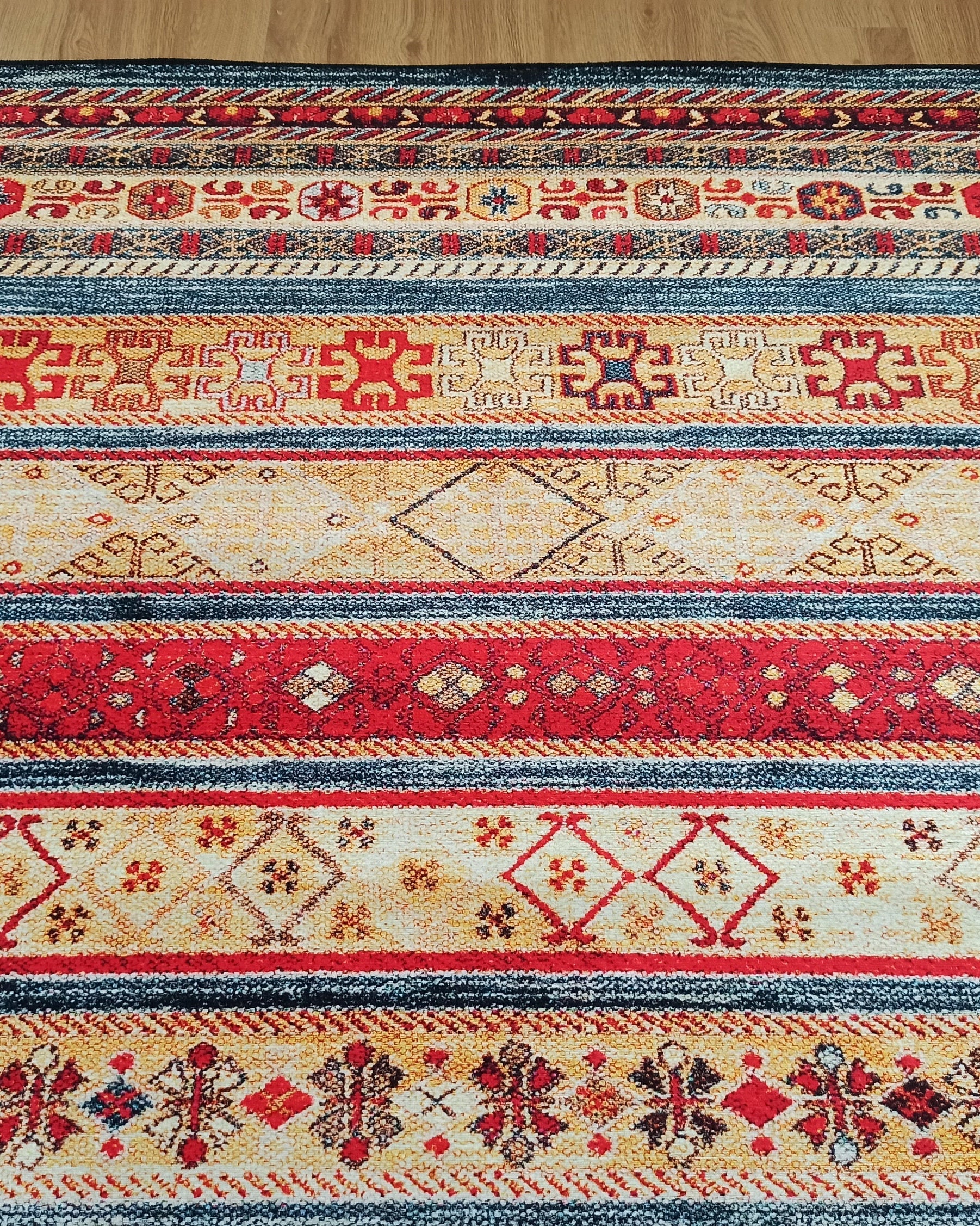 Tala Rug Beige Blue Coral Red Lined Rug