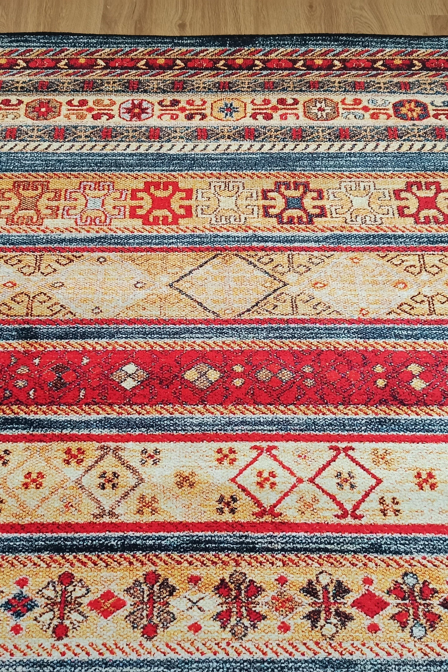 Tala Rug Beige Blue Coral Red Lined Rug