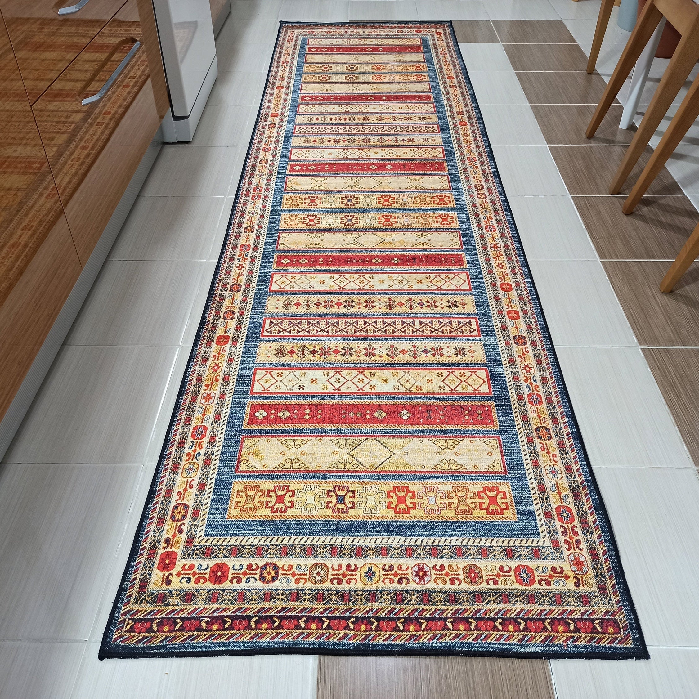 Tala Rug Beige Blue Coral Red Lined Rug