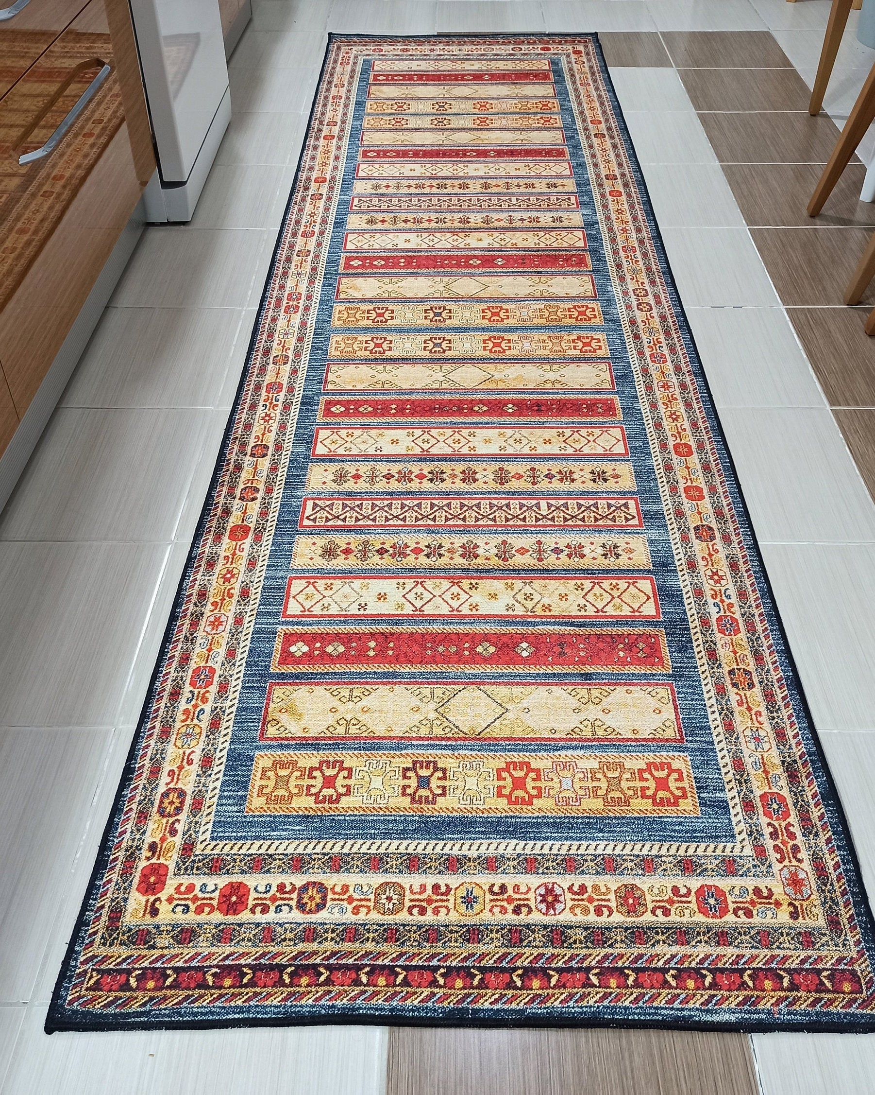 Tala Rug Beige Blue Coral Red Lined Rug