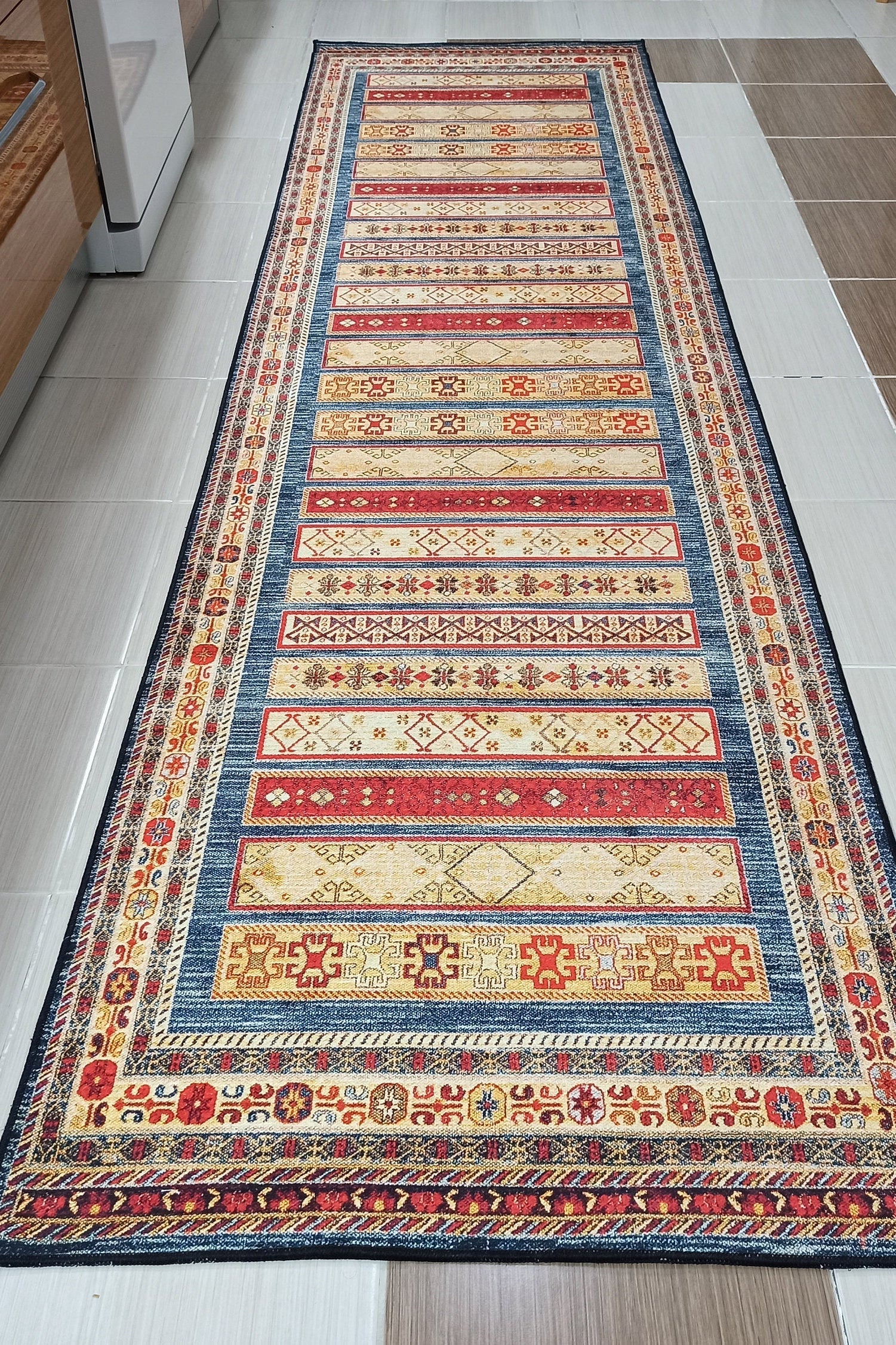 Tala Rug Beige Blue Coral Red Lined Rug
