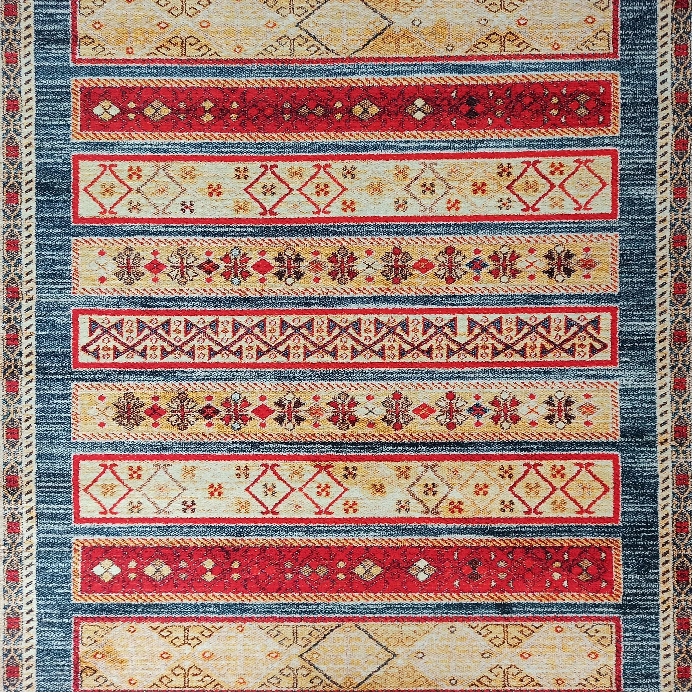 Tala Rug Beige Blue Coral Red Lined Rug