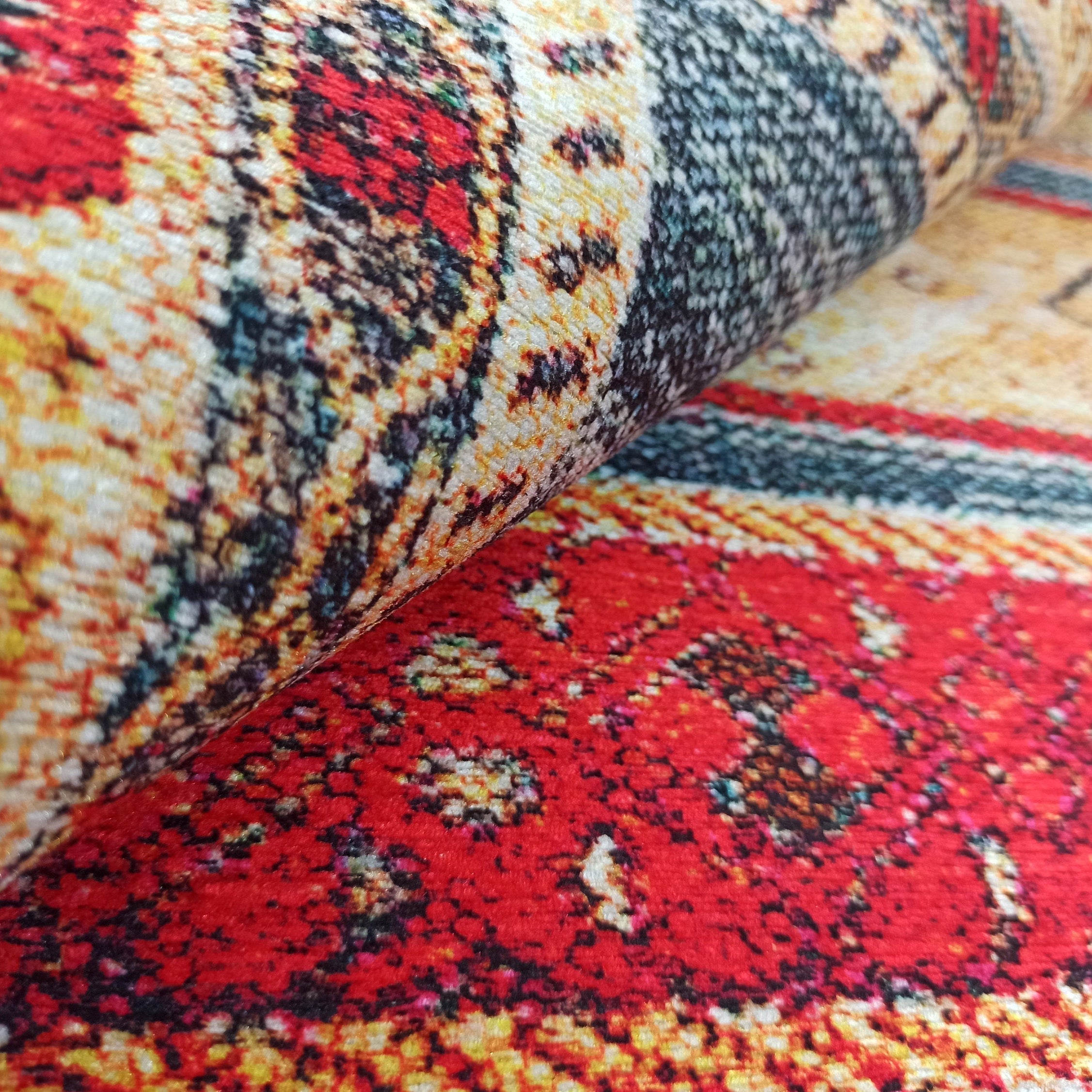 Tala Rug Beige Blue Coral Red Lined Rug