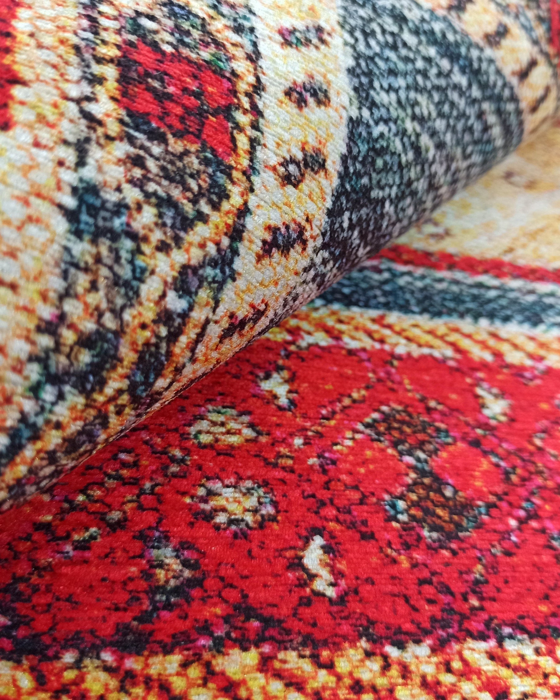 Tala Rug Beige Blue Coral Red Lined Rug