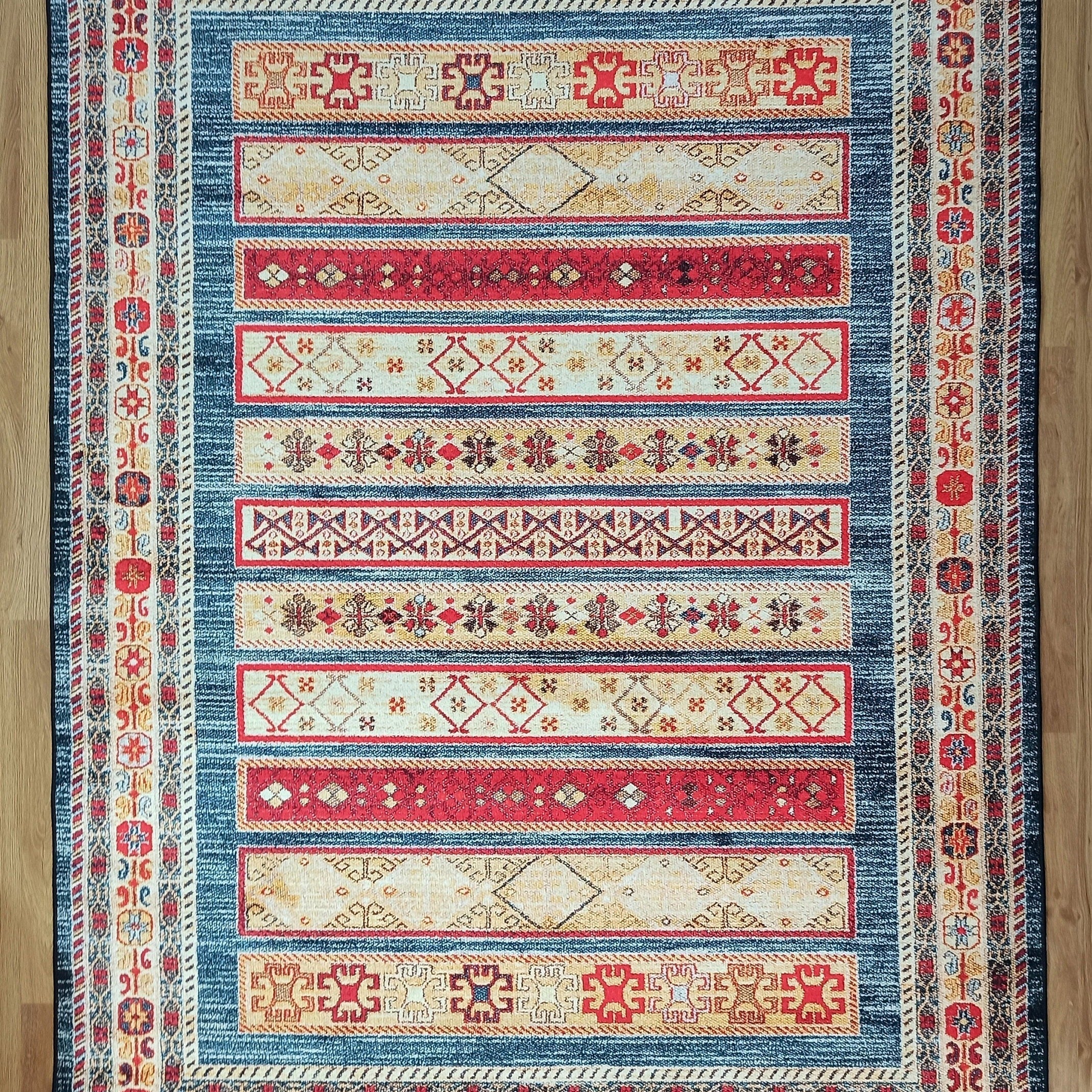 Tala Rug Beige Blue Coral Red Lined Rug
