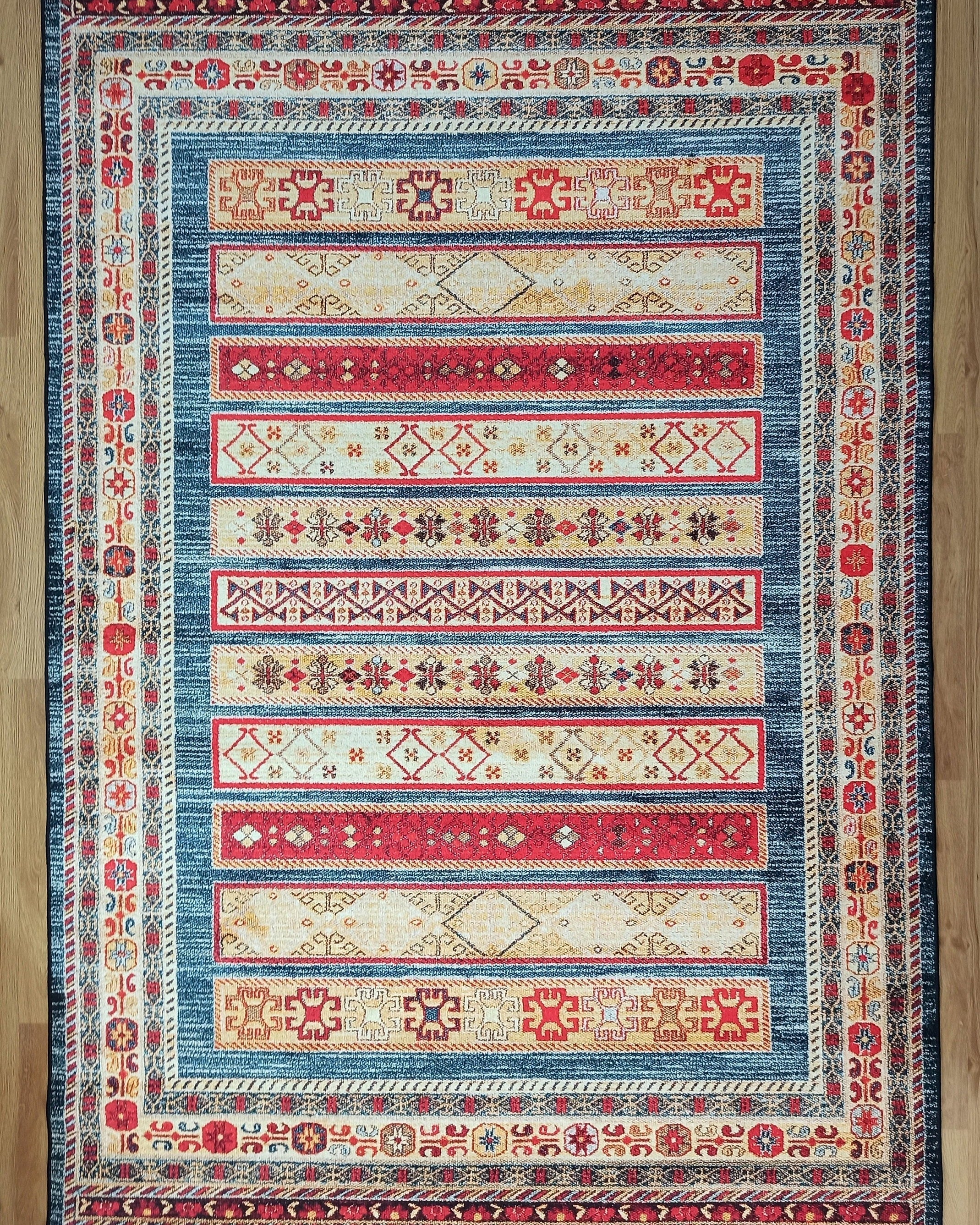Tala Rug Beige Blue Coral Red Lined Rug