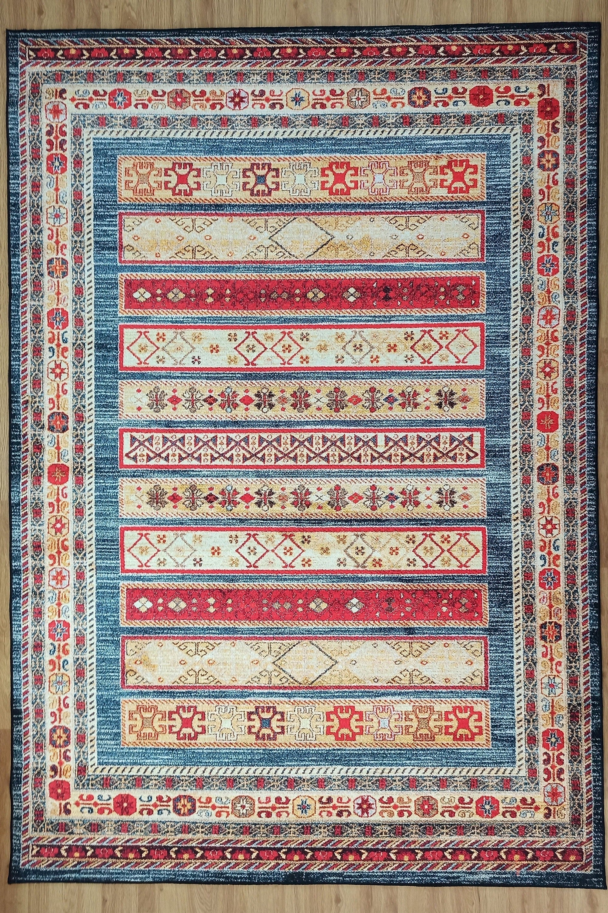 Tala Rug Beige Blue Coral Red Lined Rug
