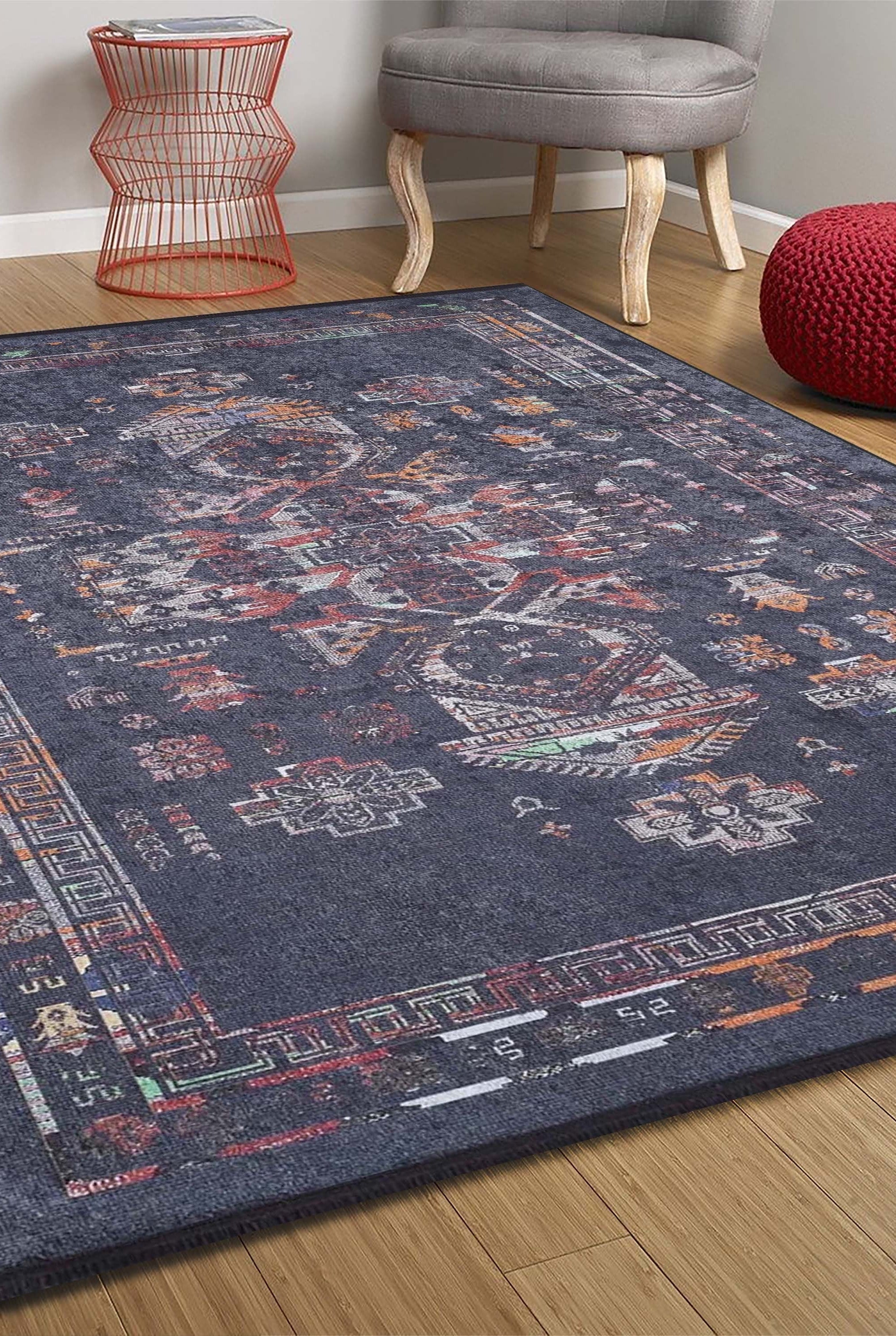 Tiara Turkish Ethnic Black Dark Gray Rug