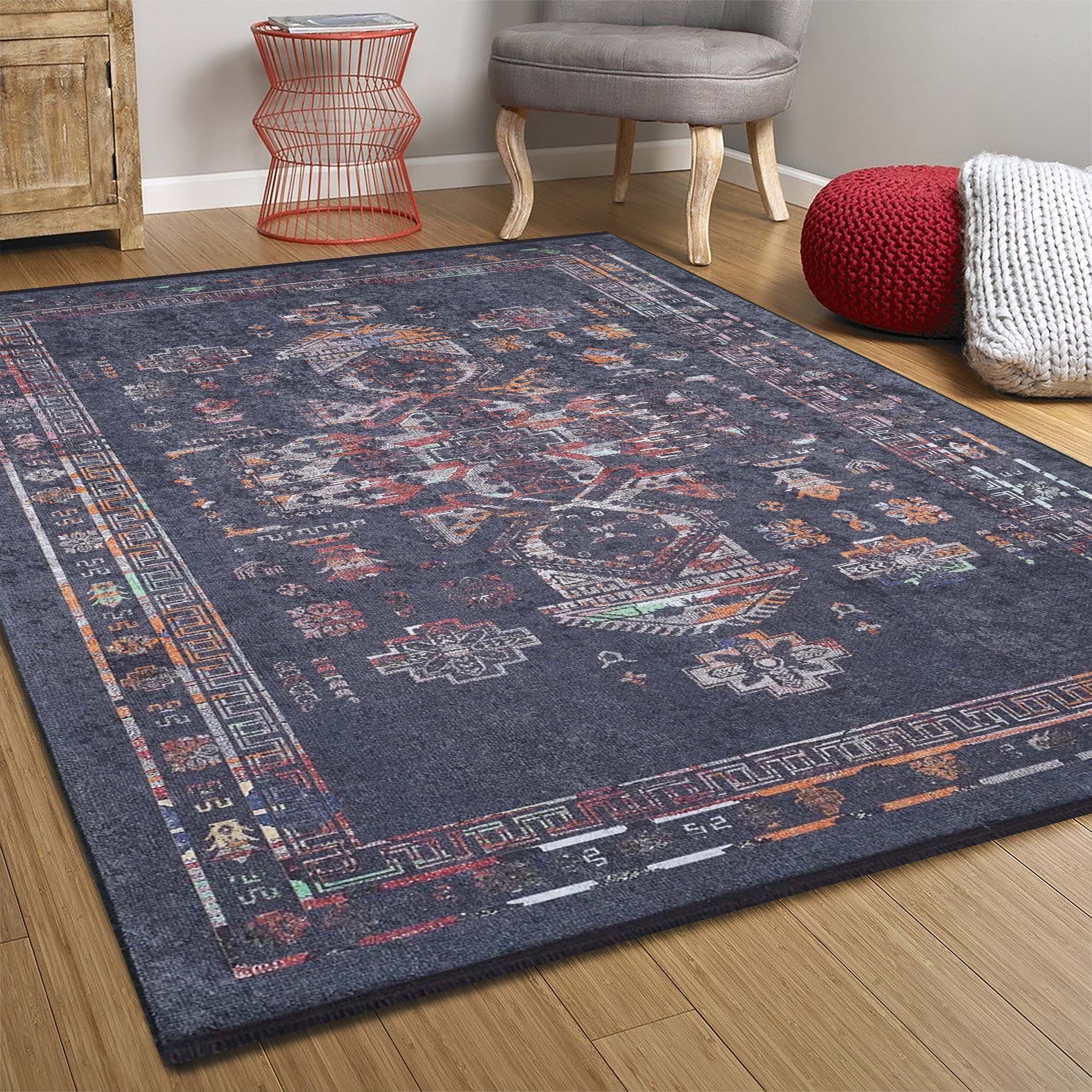 Tiara Turkish Ethnic Black Dark Gray Rug