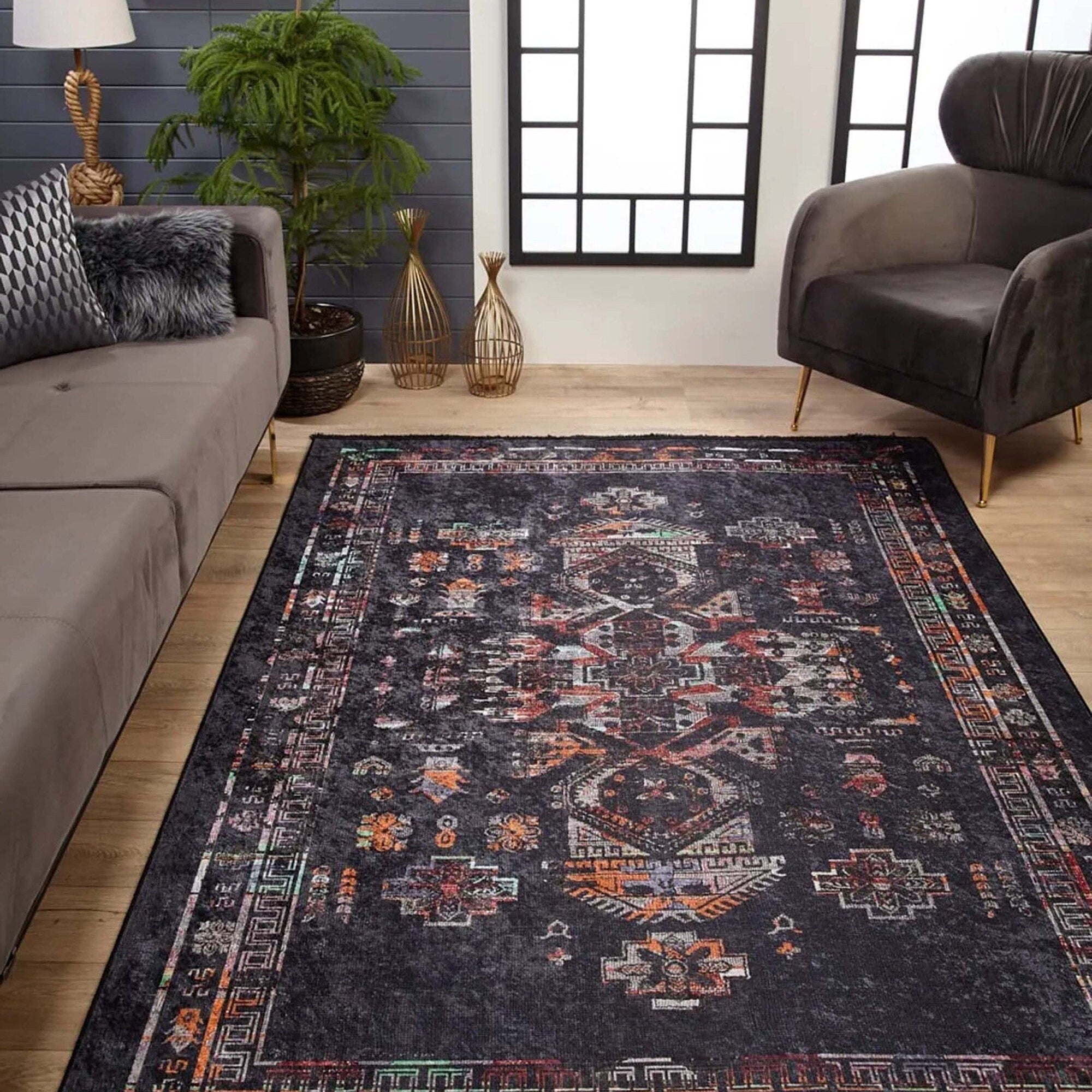 Tiara Turkish Ethnic Black Dark Gray Rug