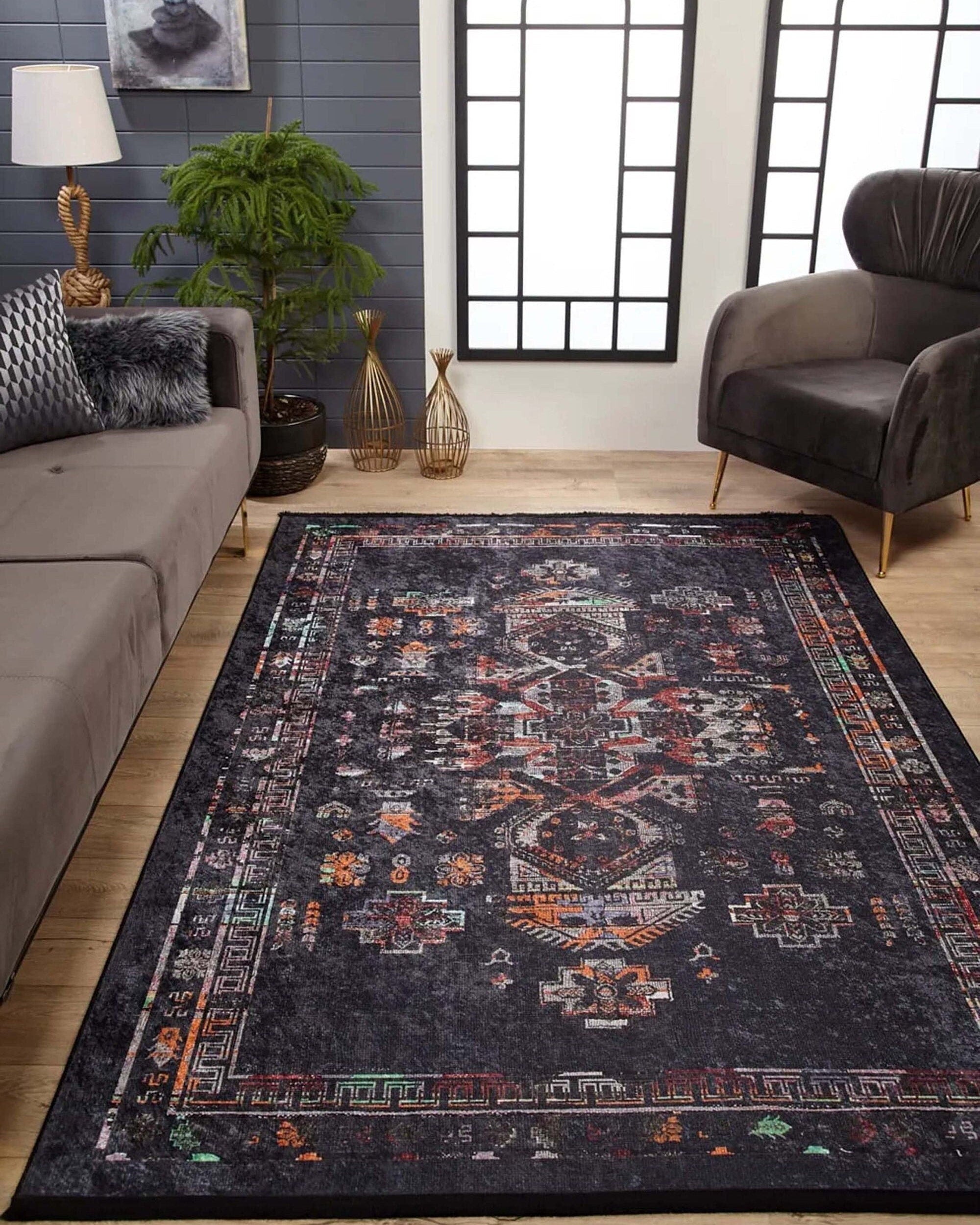 Tiara Turkish Ethnic Black Dark Gray Rug
