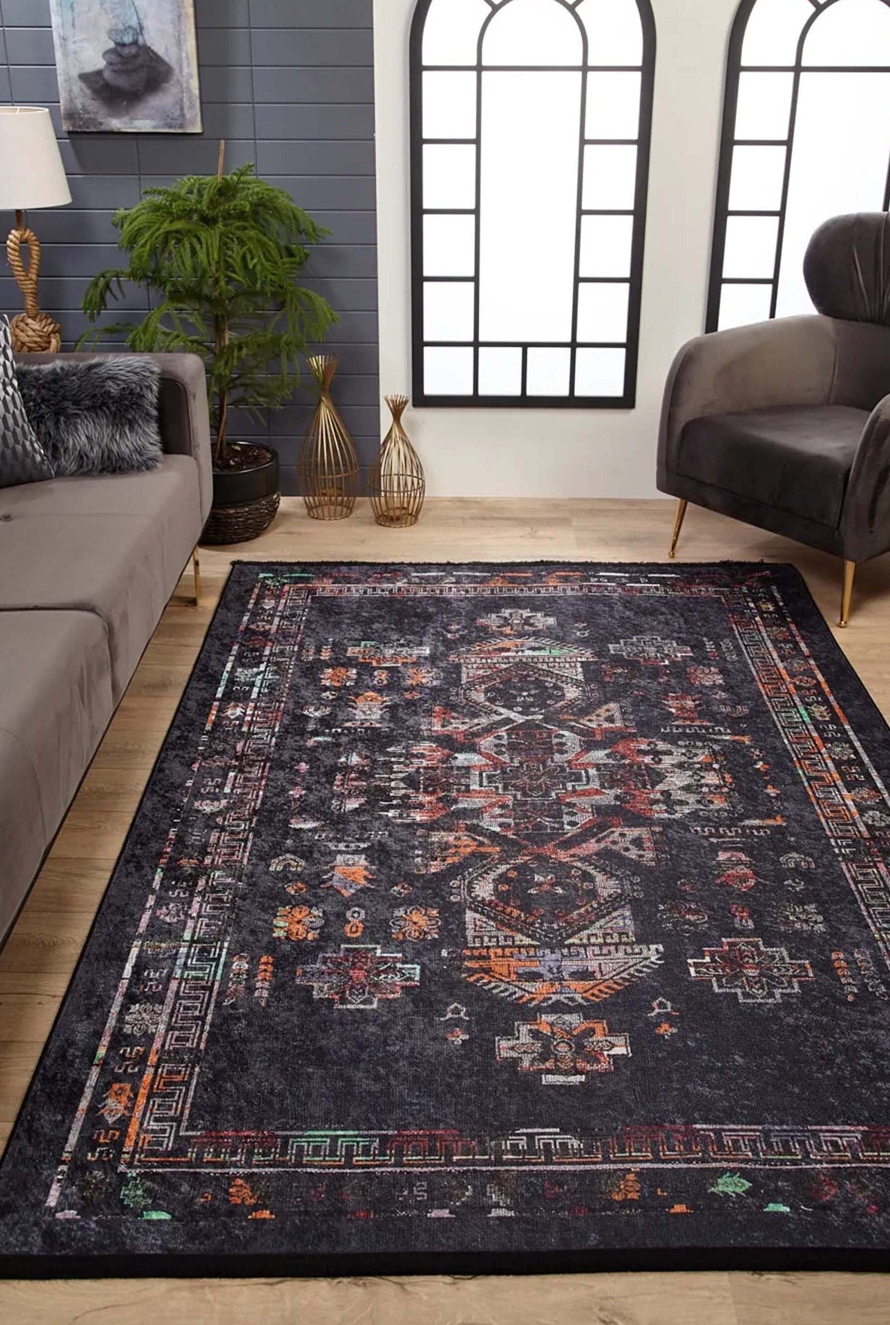 Tiara Turkish Ethnic Black Dark Gray Rug