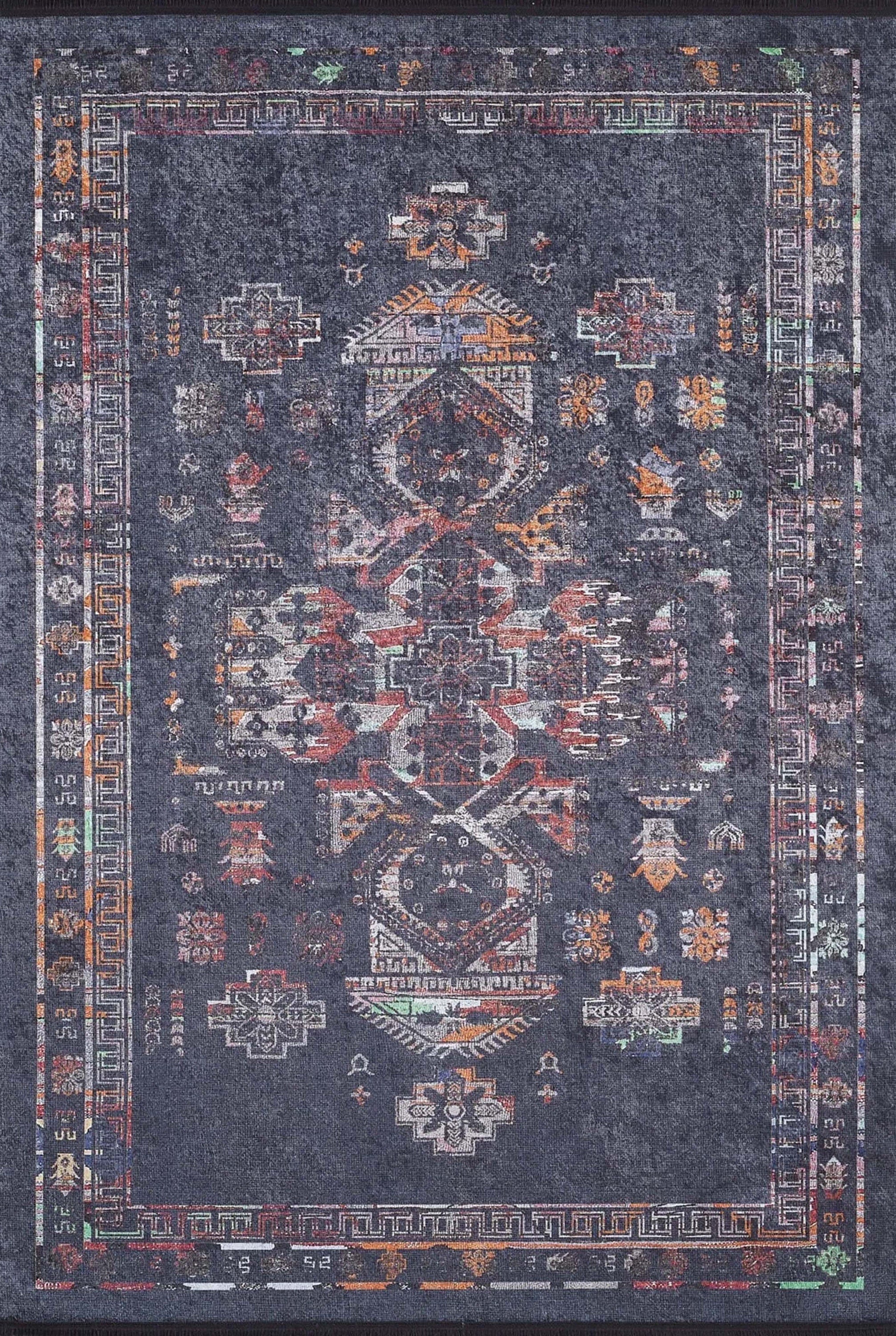 Tiara Turkish Ethnic Black Dark Gray Rug