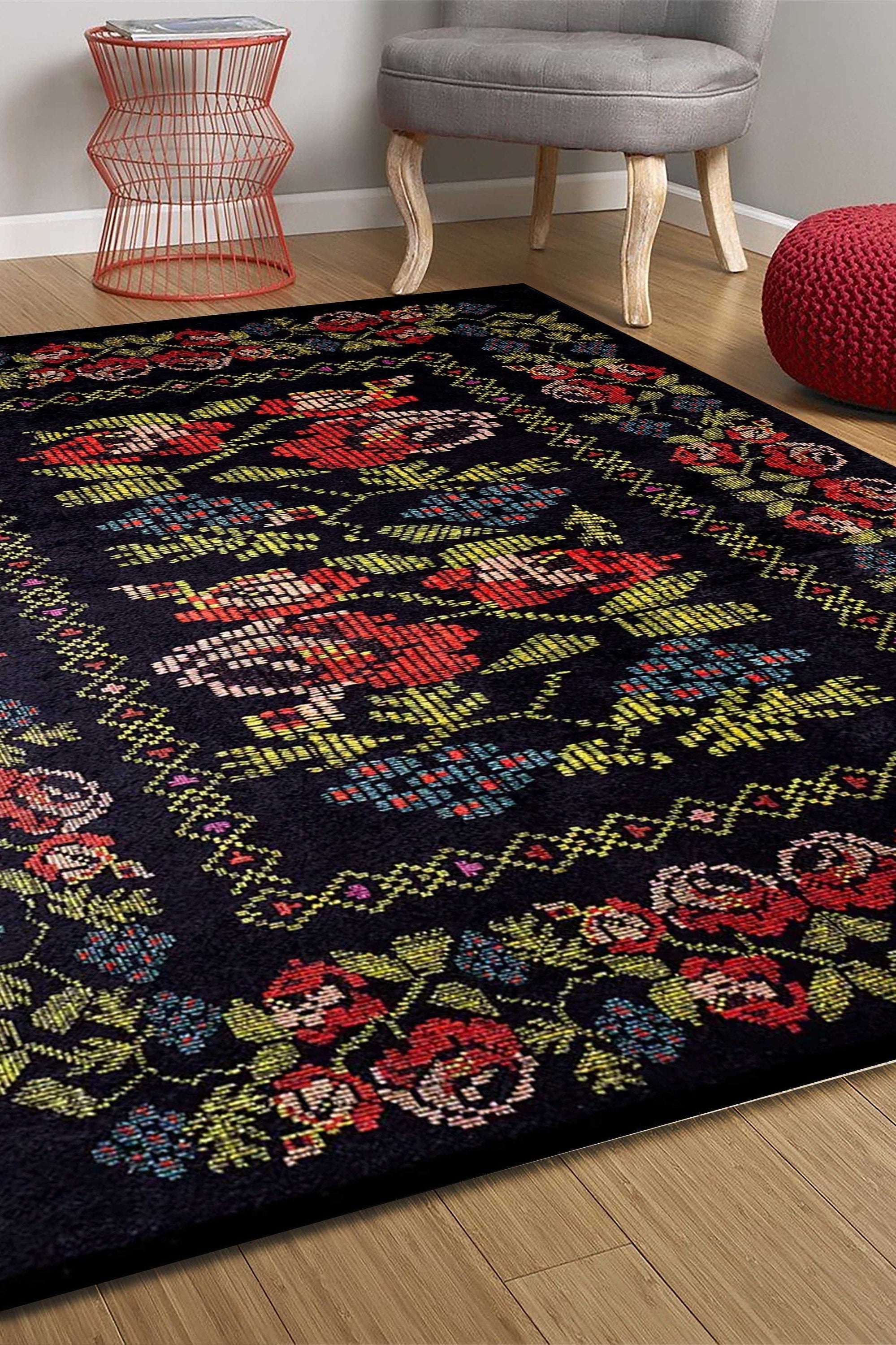 Tupia Rose Black Karabagh Floral Kilim Rug