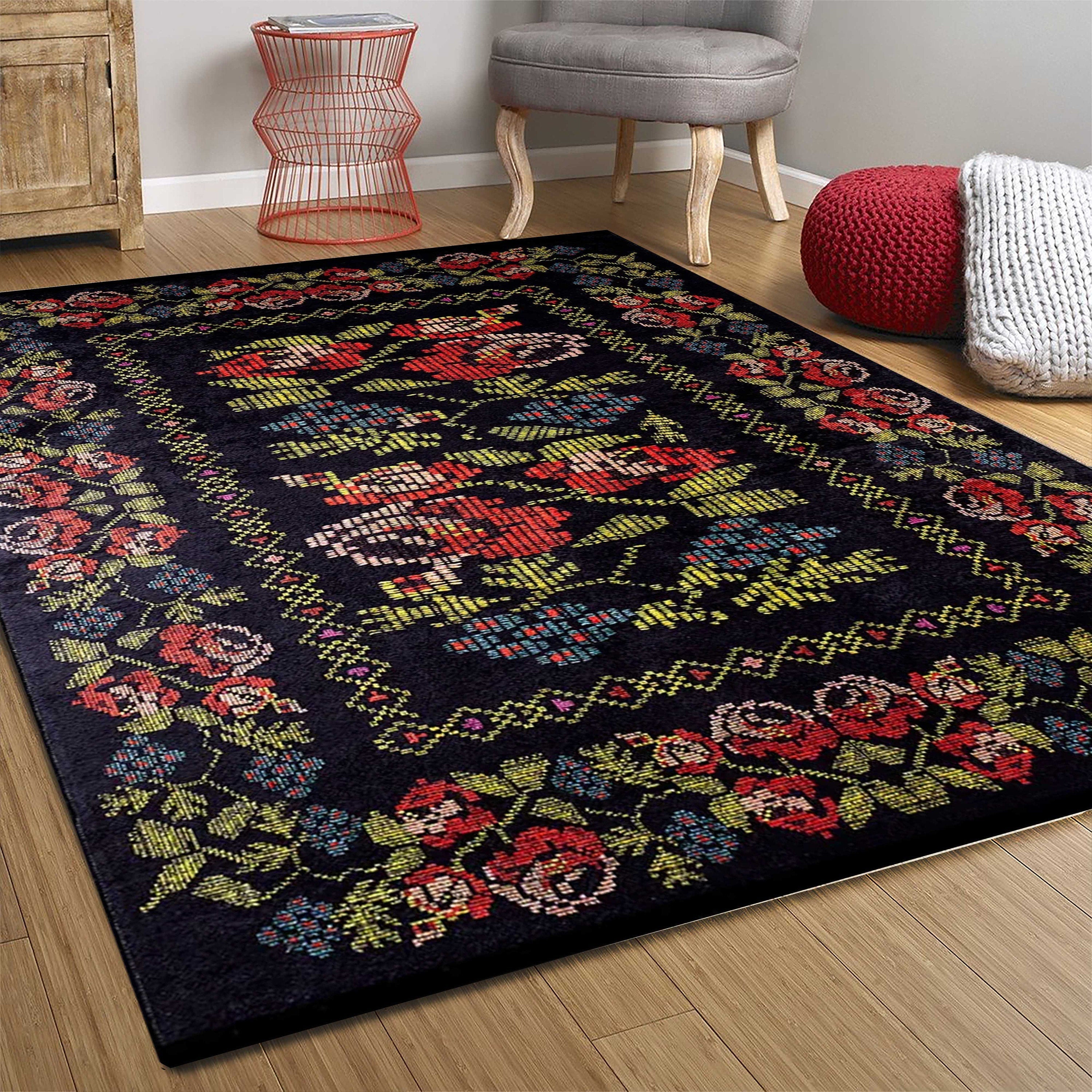 Tupia Rose Black Karabagh Floral Kilim Rug
