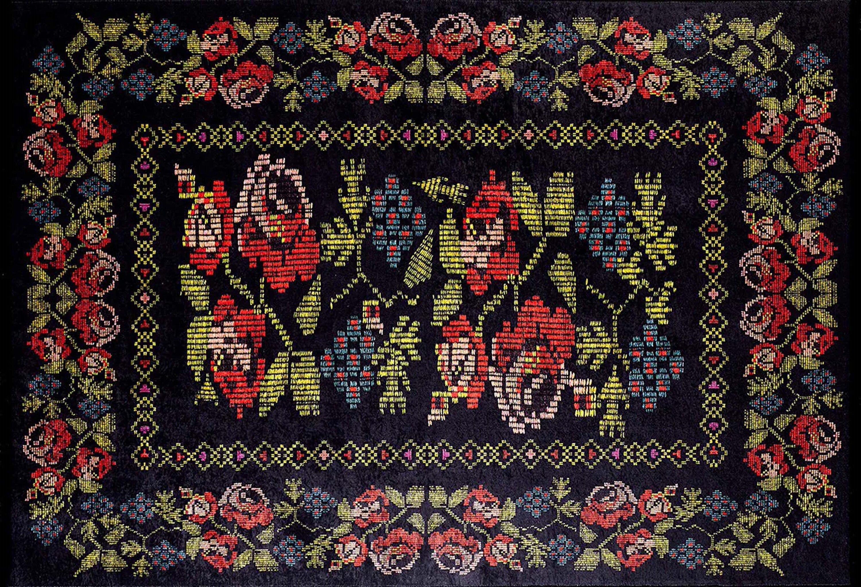 Tupia Rose Black Karabagh Floral Kilim Rug