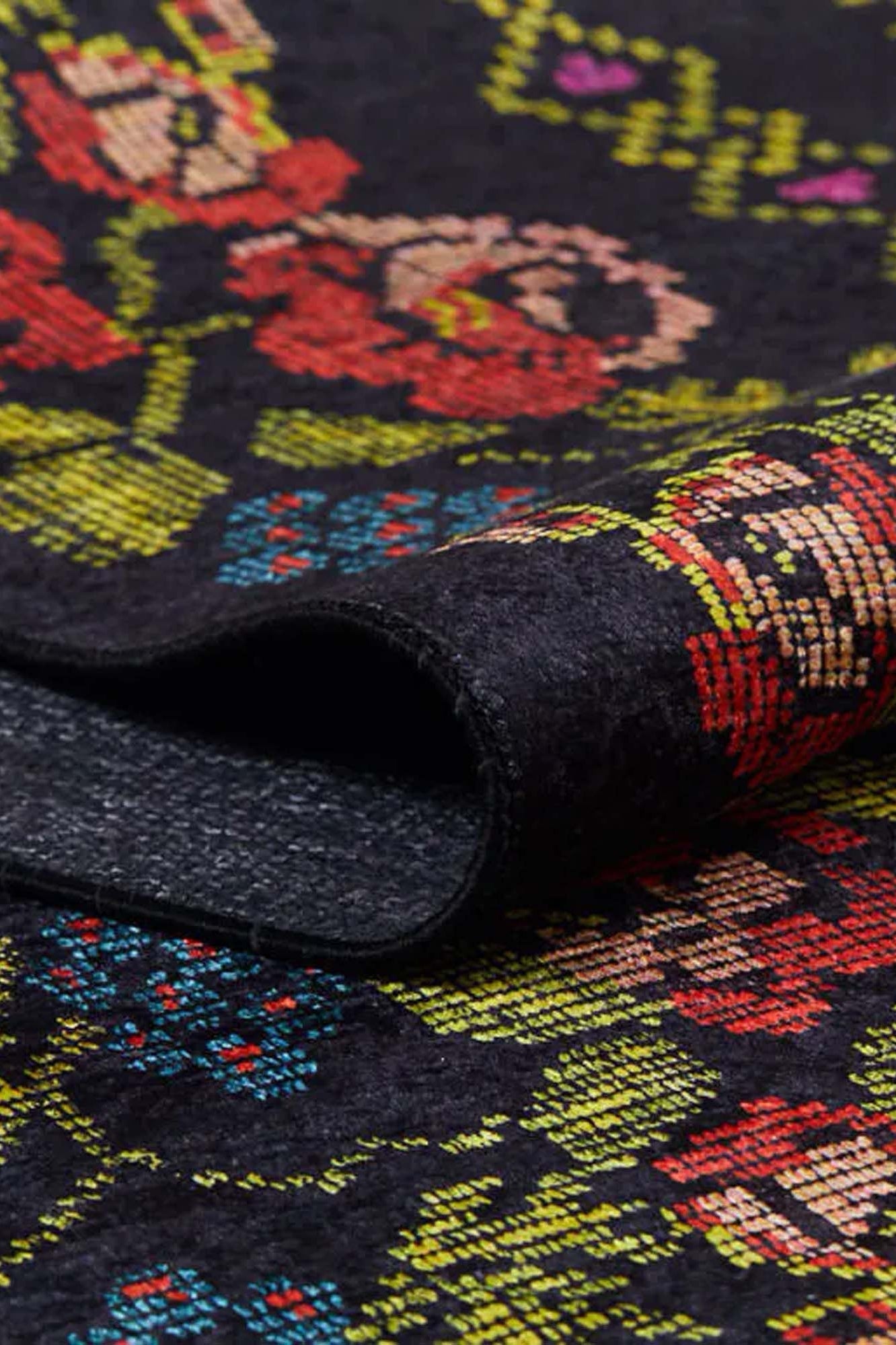 Tupia Rose Black Karabagh Floral Kilim Rug