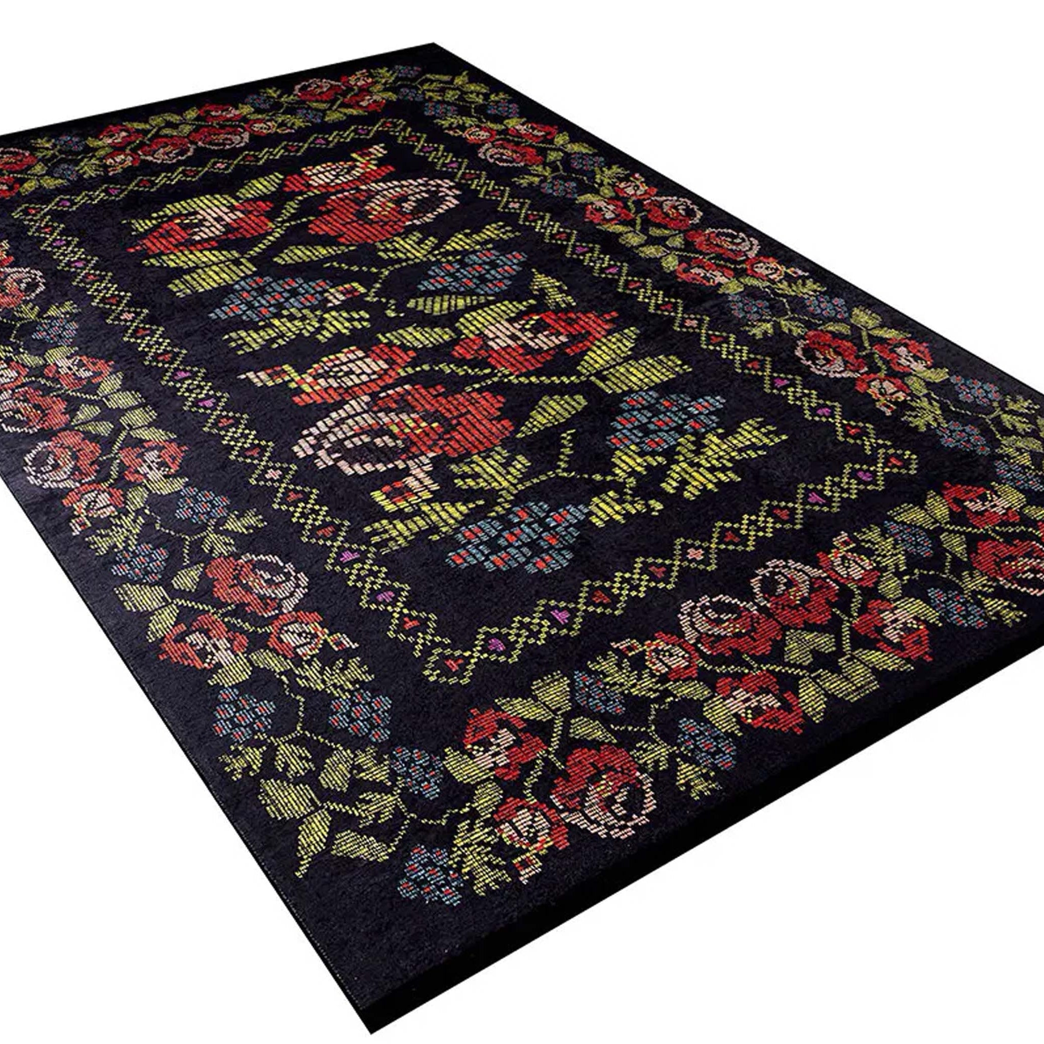 Tupia Rose Black Karabagh Floral Kilim Rug