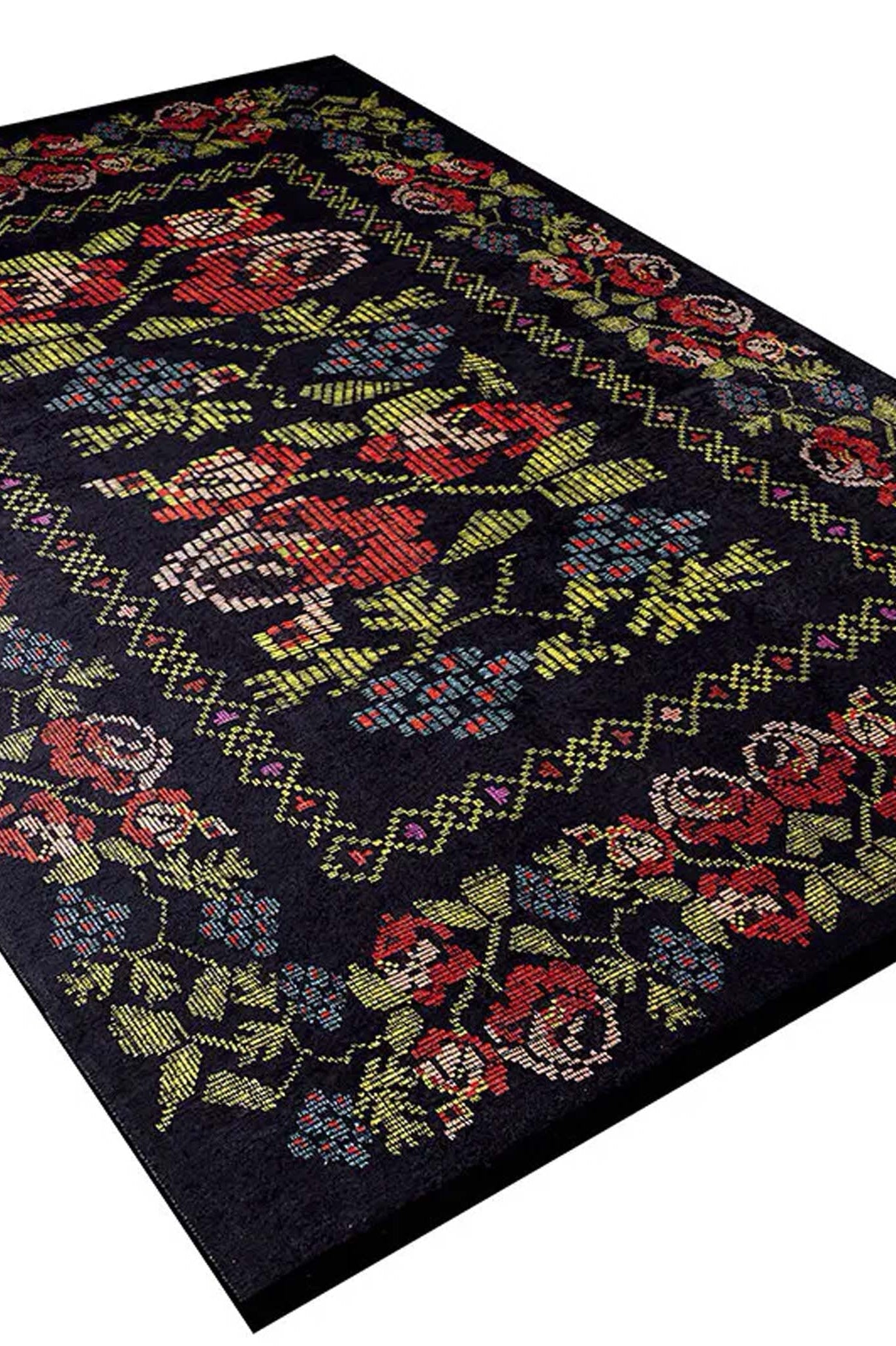 Tupia Rose Black Karabagh Floral Kilim Rug