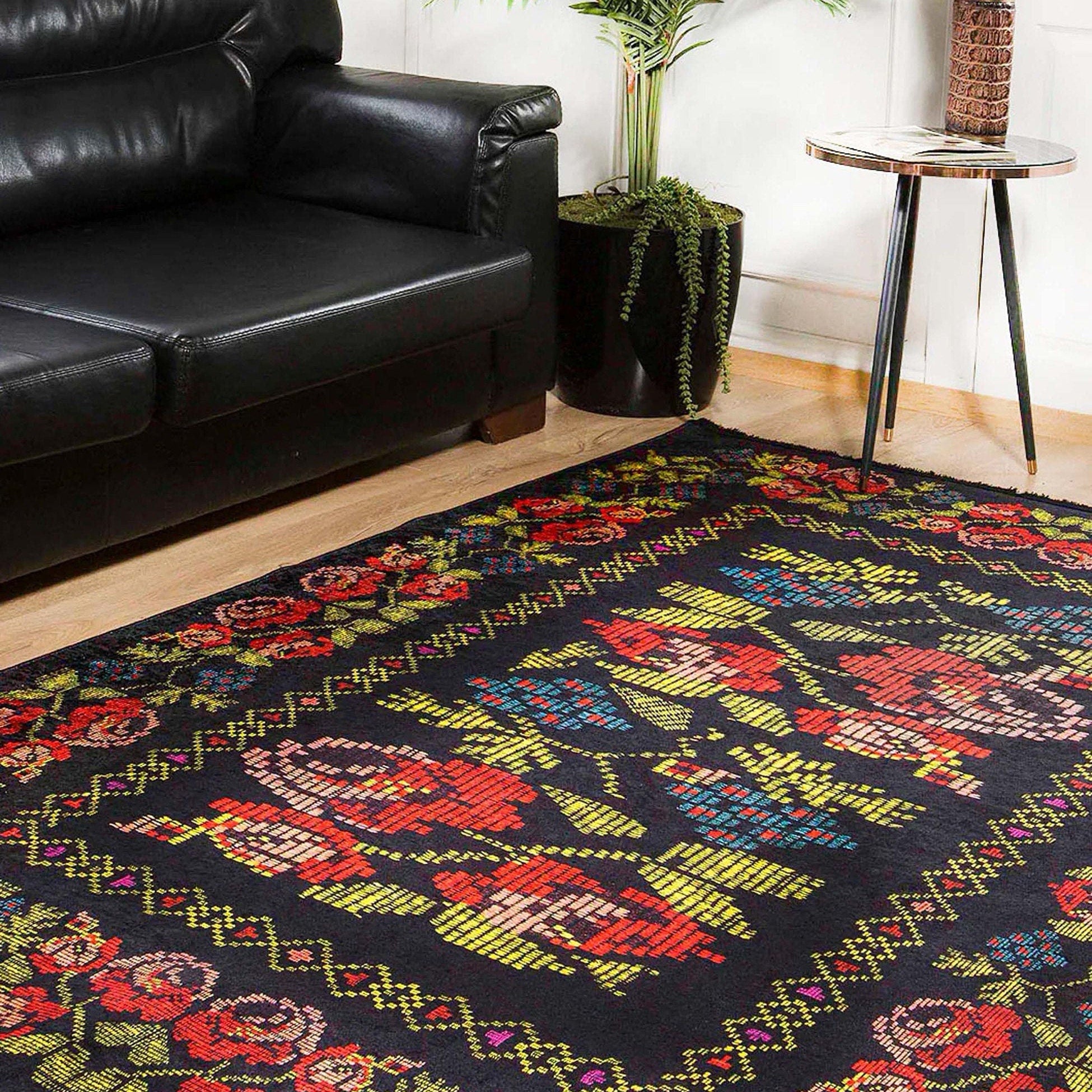 Tupia Rose Black Karabagh Floral Kilim Rug