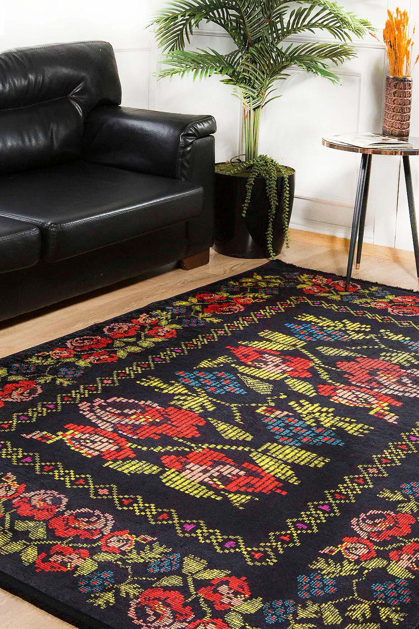Tupia Rose Black Karabagh Floral Kilim Rug