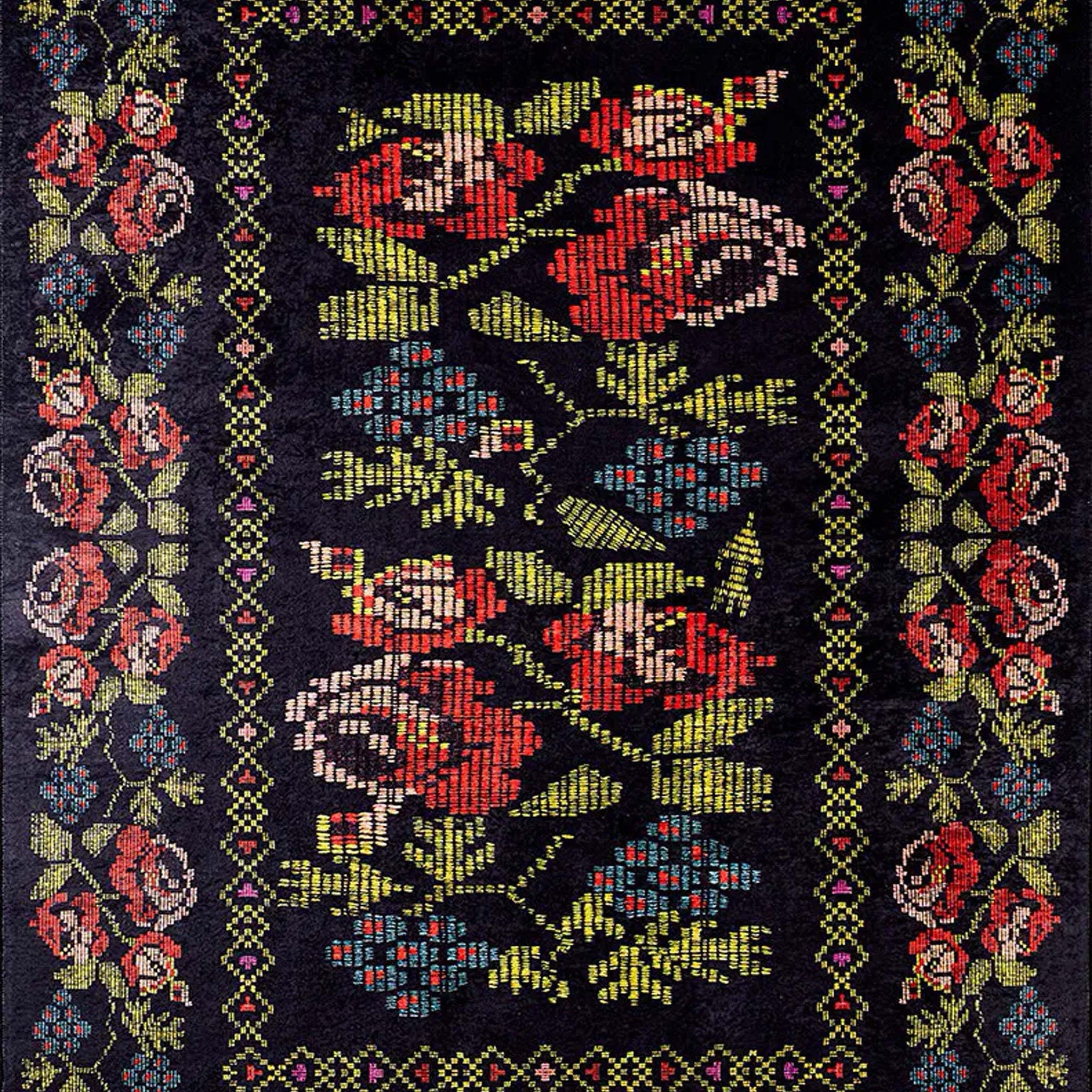 Tupia Rose Black Karabagh Floral Kilim Rug