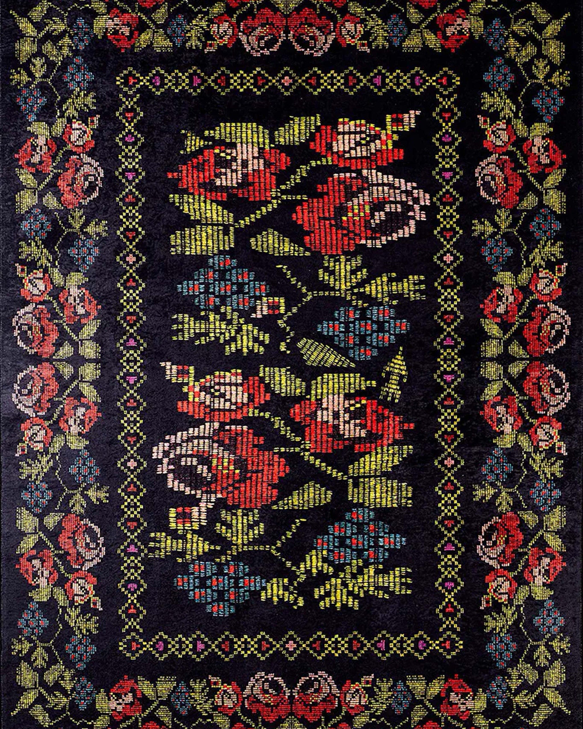 Tupia Rose Black Karabagh Floral Kilim Rug