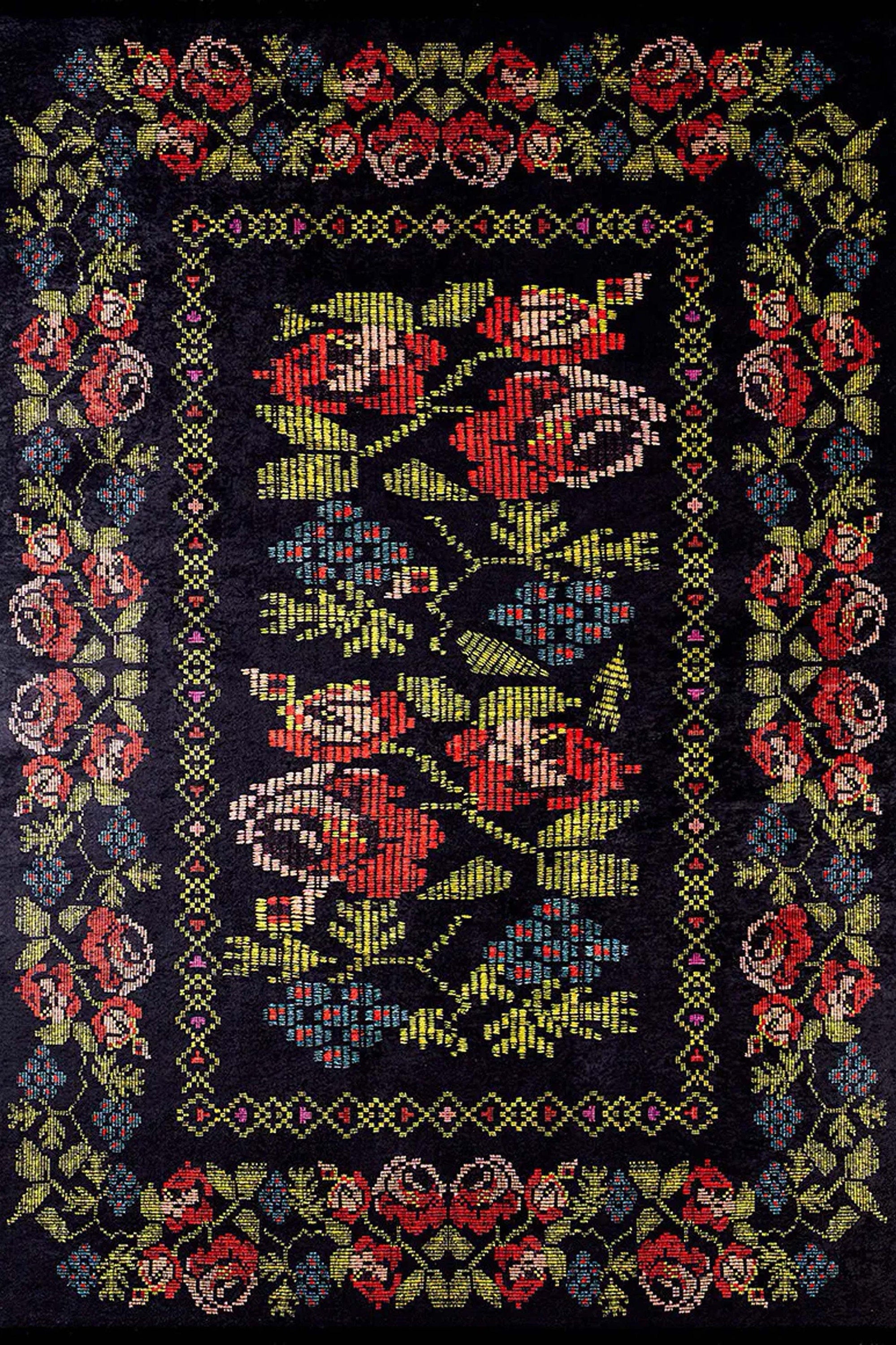 Tupia Rose Black Karabagh Floral Kilim Rug
