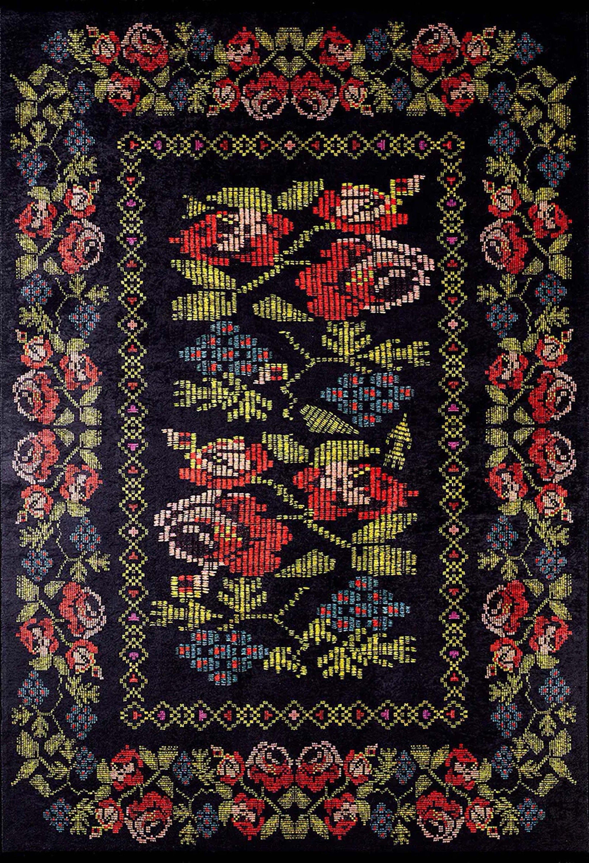 Tupia Rose Black Karabagh Floral Kilim Rug