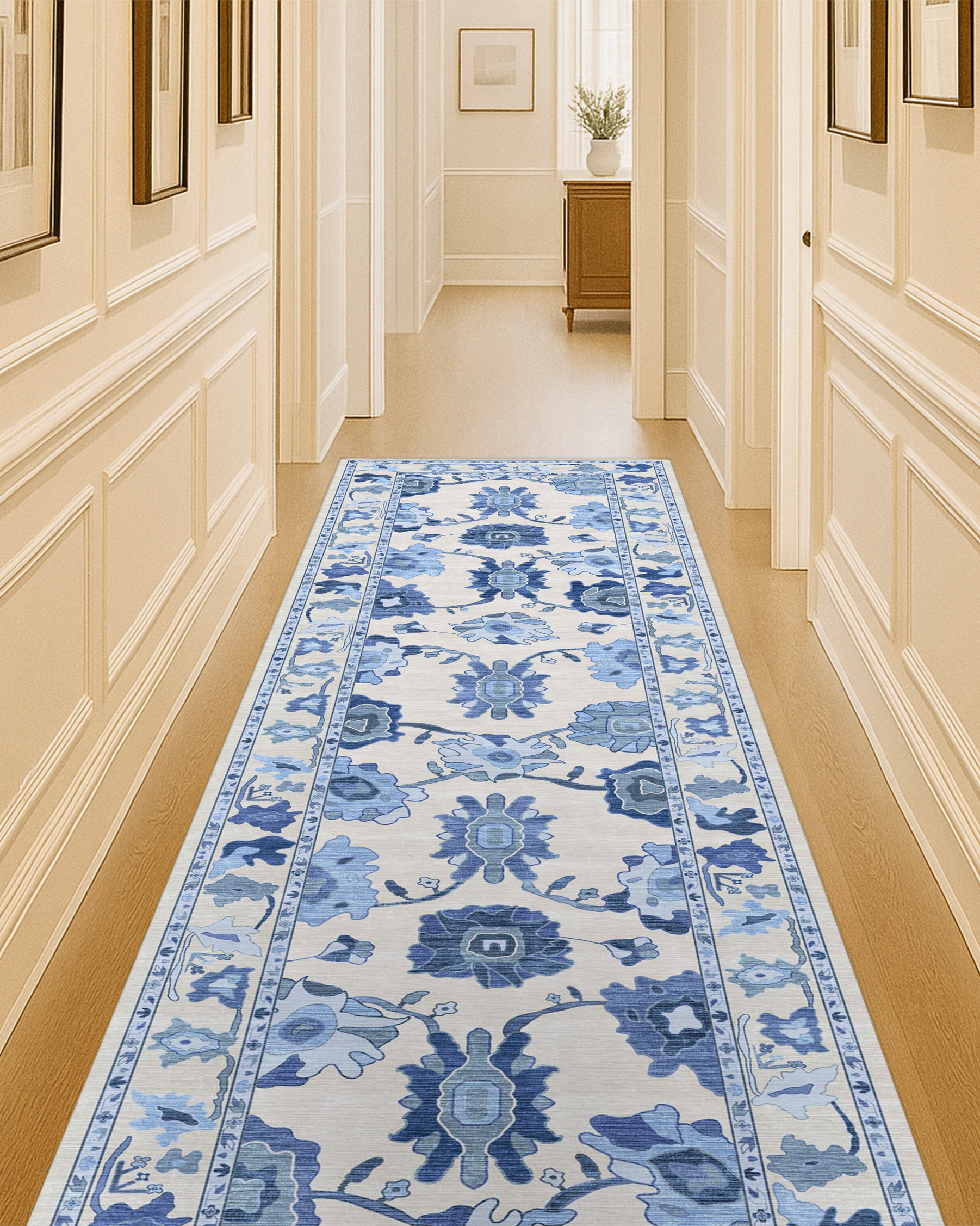 Ellis Navy Blue White Modern Floral Oushak Rug