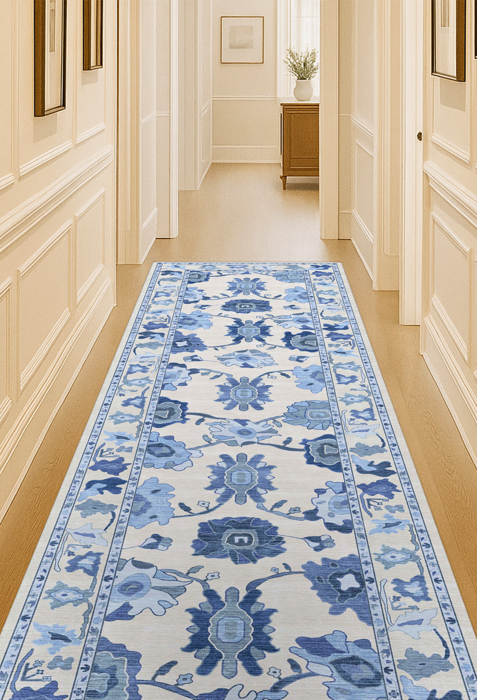 Ellis Navy Blue White Modern Floral Oushak Rug