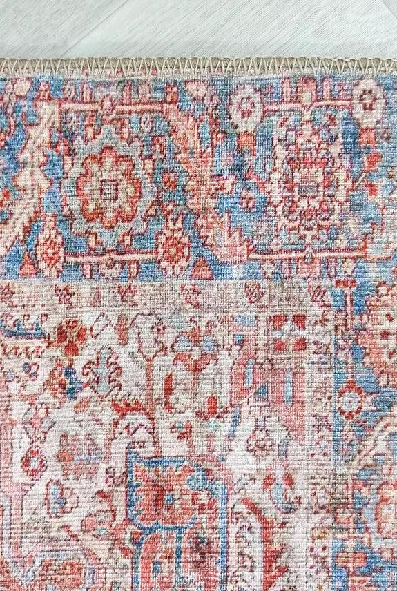 Valvia RugTurkish Terracotta Red Beige Sky Blue Rug