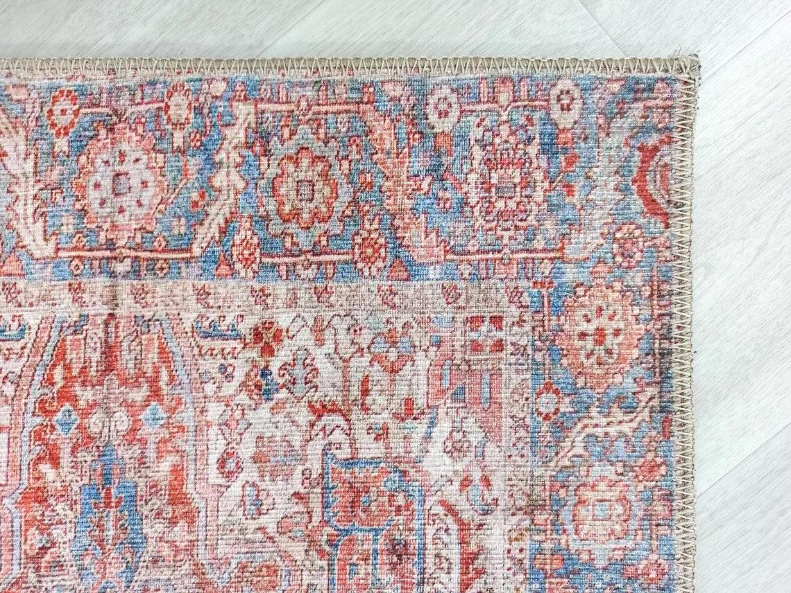 Valvia RugTurkish Terracotta Red Beige Sky Blue Rug