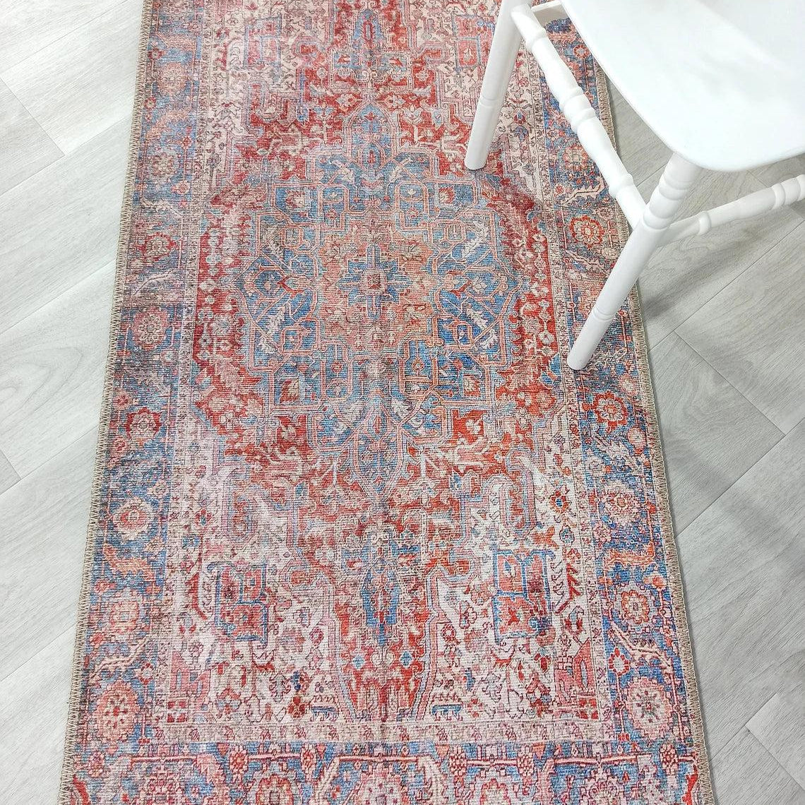 Valvia RugTurkish Terracotta Red Beige Sky Blue Rug