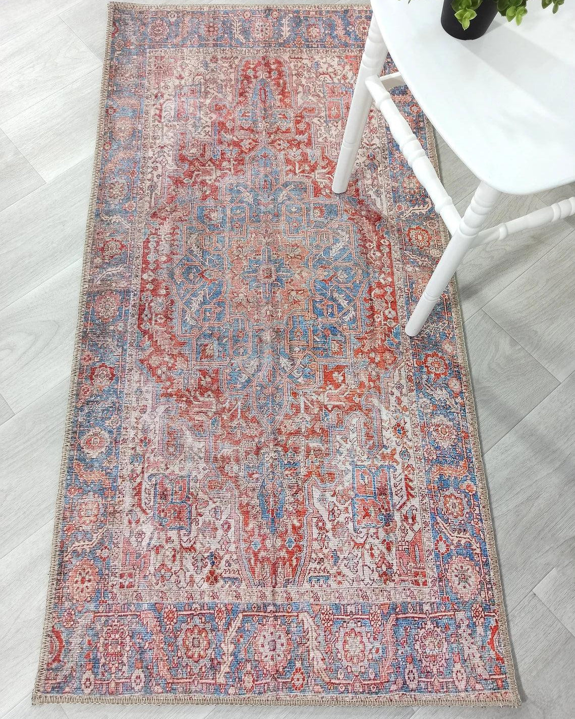 Valvia RugTurkish Terracotta Red Beige Sky Blue Rug