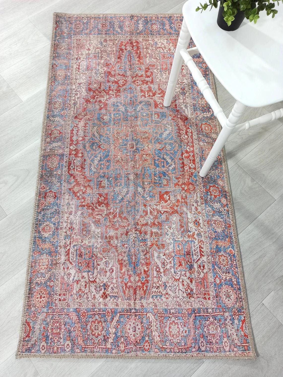Valvia RugTurkish Terracotta Red Beige Sky Blue Rug