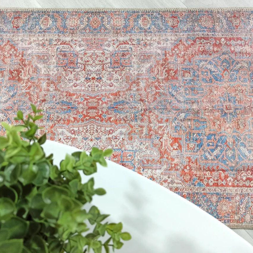 Valvia RugTurkish Terracotta Red Beige Sky Blue Rug