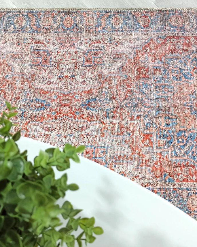 Valvia RugTurkish Terracotta Red Beige Sky Blue Rug