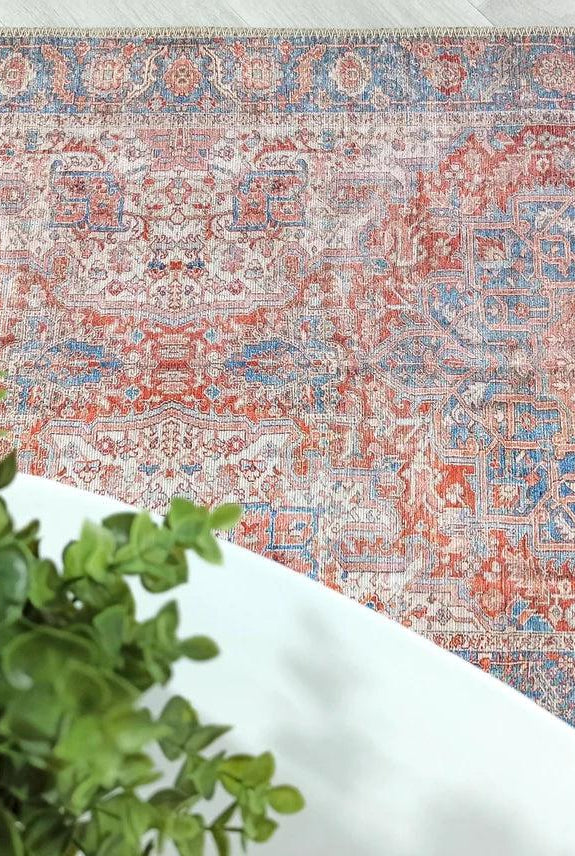 Valvia RugTurkish Terracotta Red Beige Sky Blue Rug