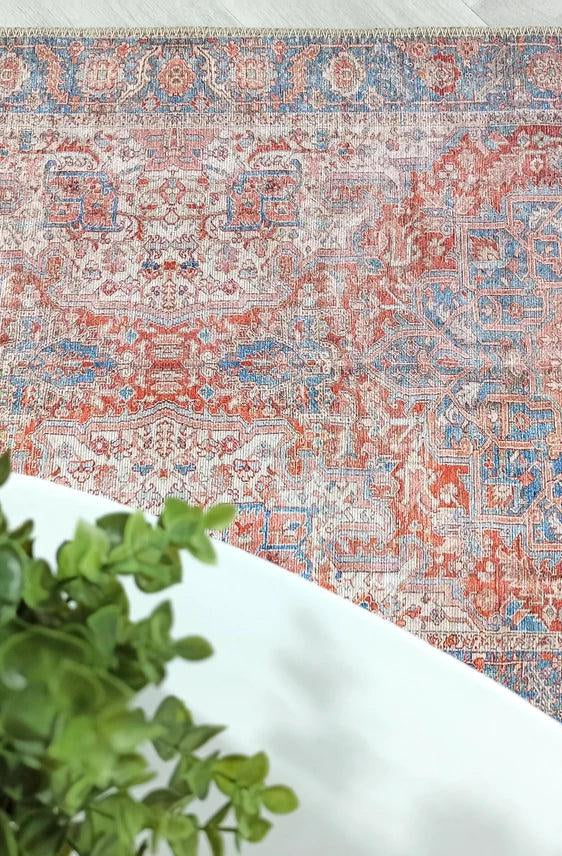 Valvia RugTurkish Terracotta Red Beige Sky Blue Rug