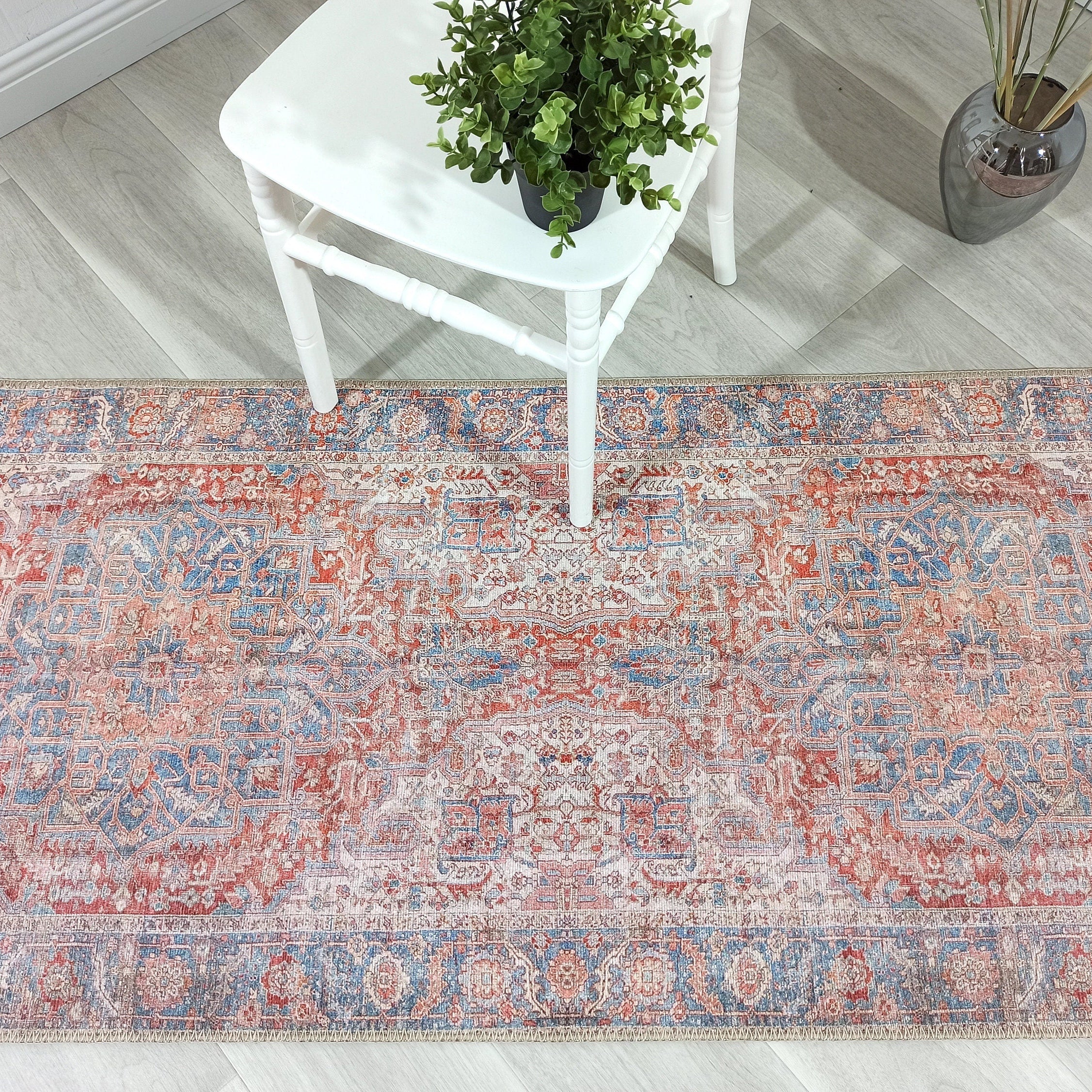 Valvia RugTurkish Terracotta Red Beige Sky Blue Rug