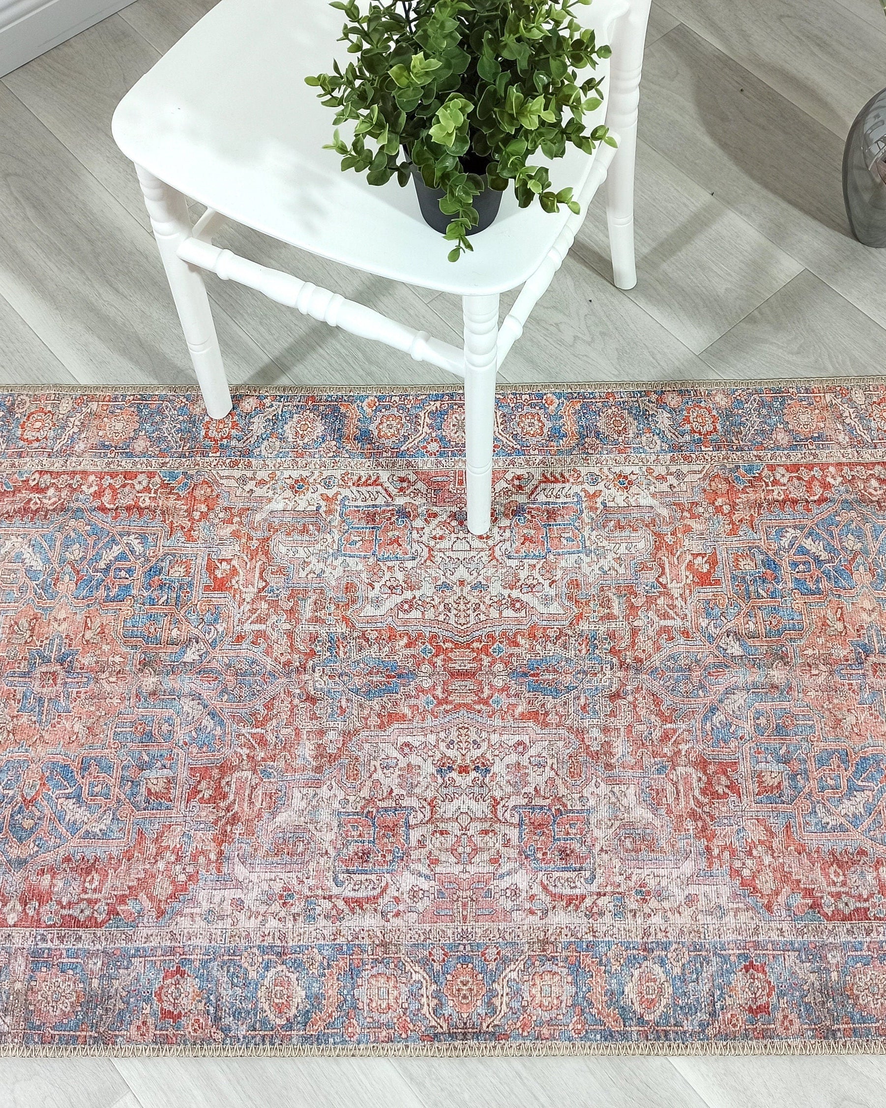 Valvia RugTurkish Terracotta Red Beige Sky Blue Rug