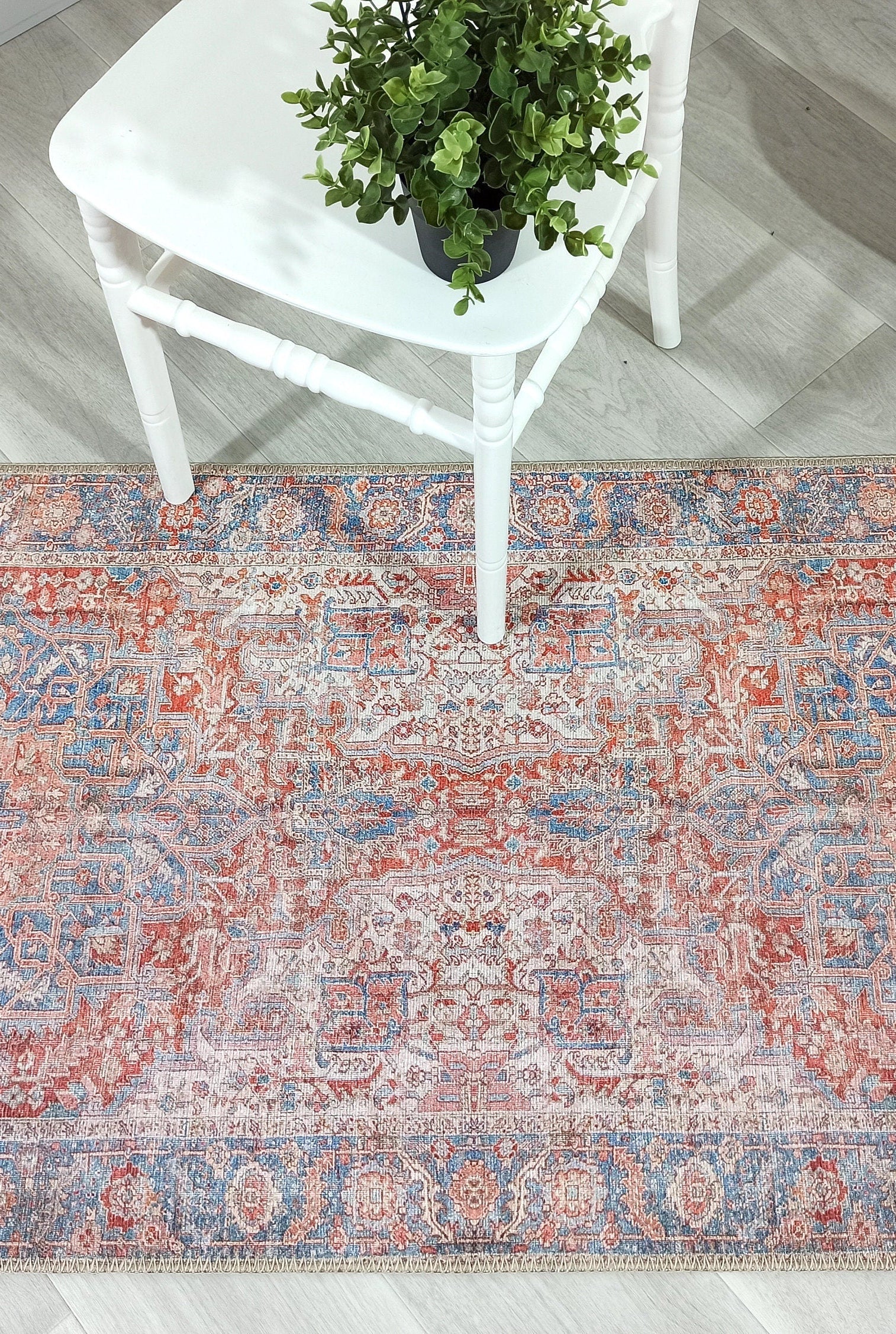 Valvia RugTurkish Terracotta Red Beige Sky Blue Rug