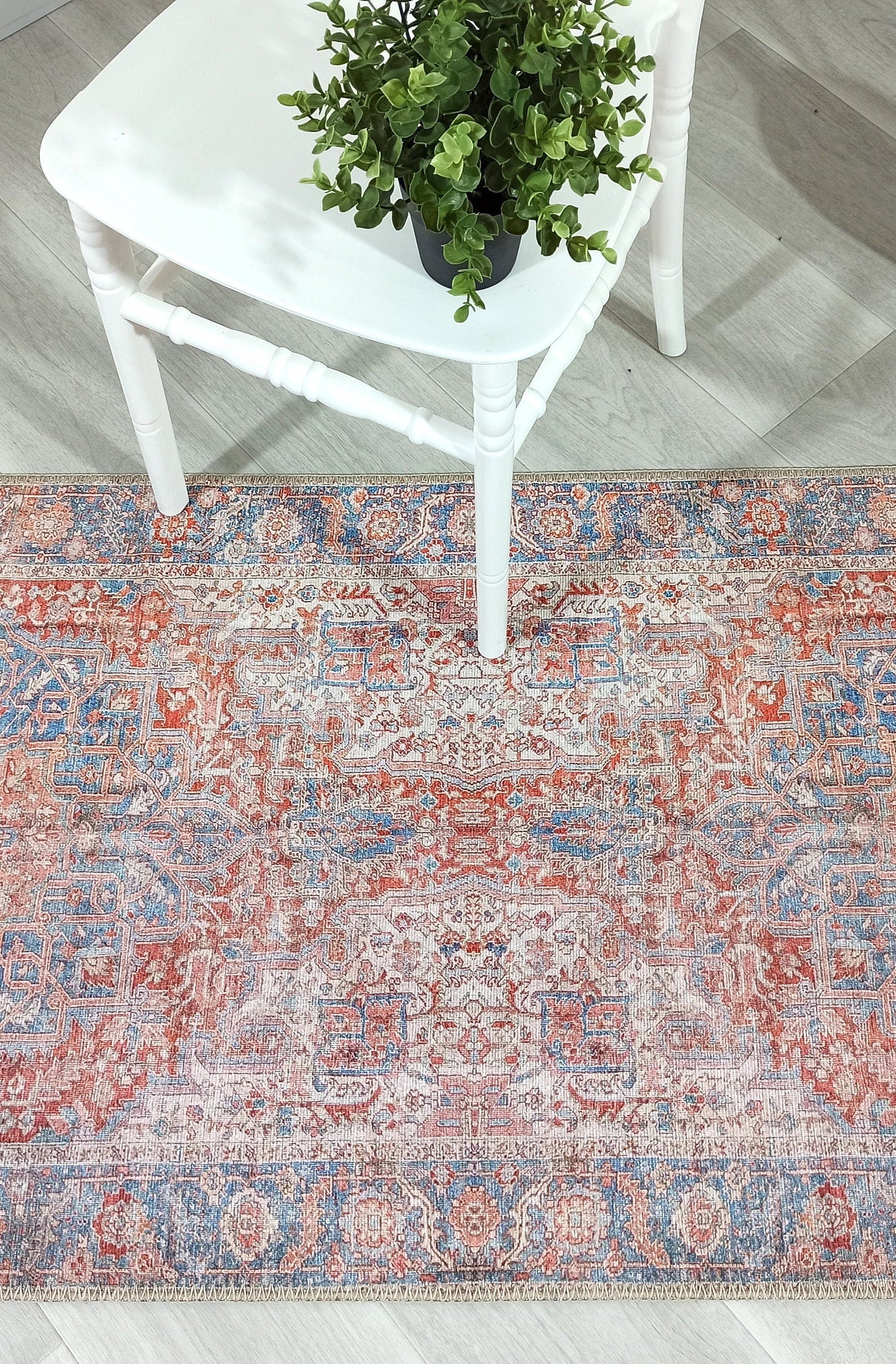 Valvia RugTurkish Terracotta Red Beige Sky Blue Rug