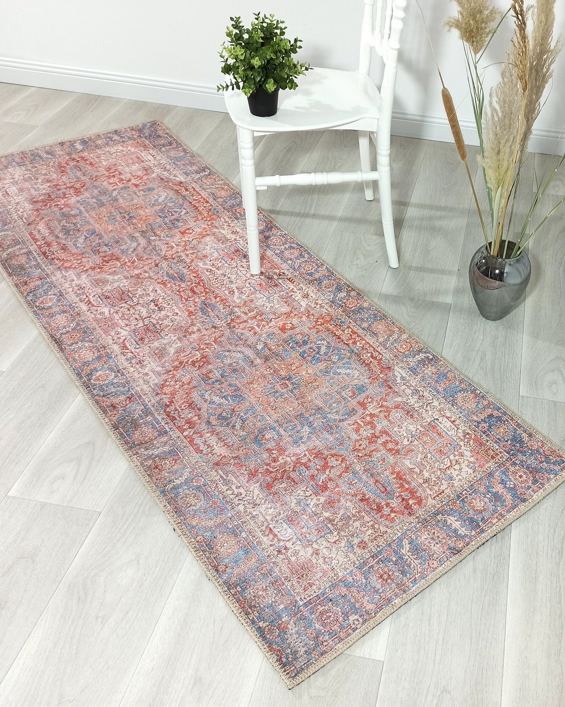 Valvia RugTurkish Terracotta Red Beige Sky Blue Rug